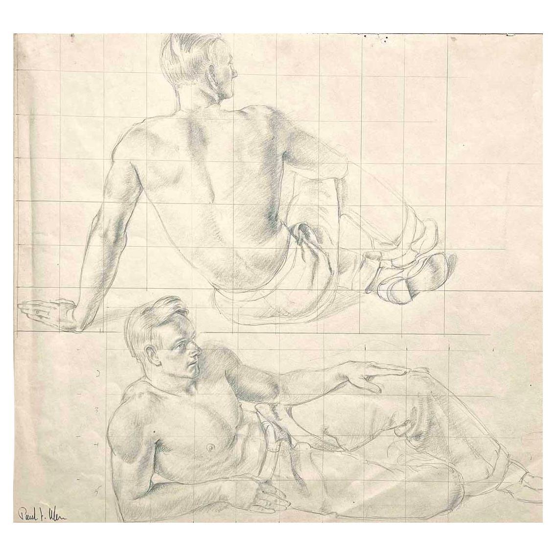 „Sitzender Mann, zwei Positionen“, Zeichnung einer männlichen Figur im Halbakt von Ulen, 1930er Jahre
