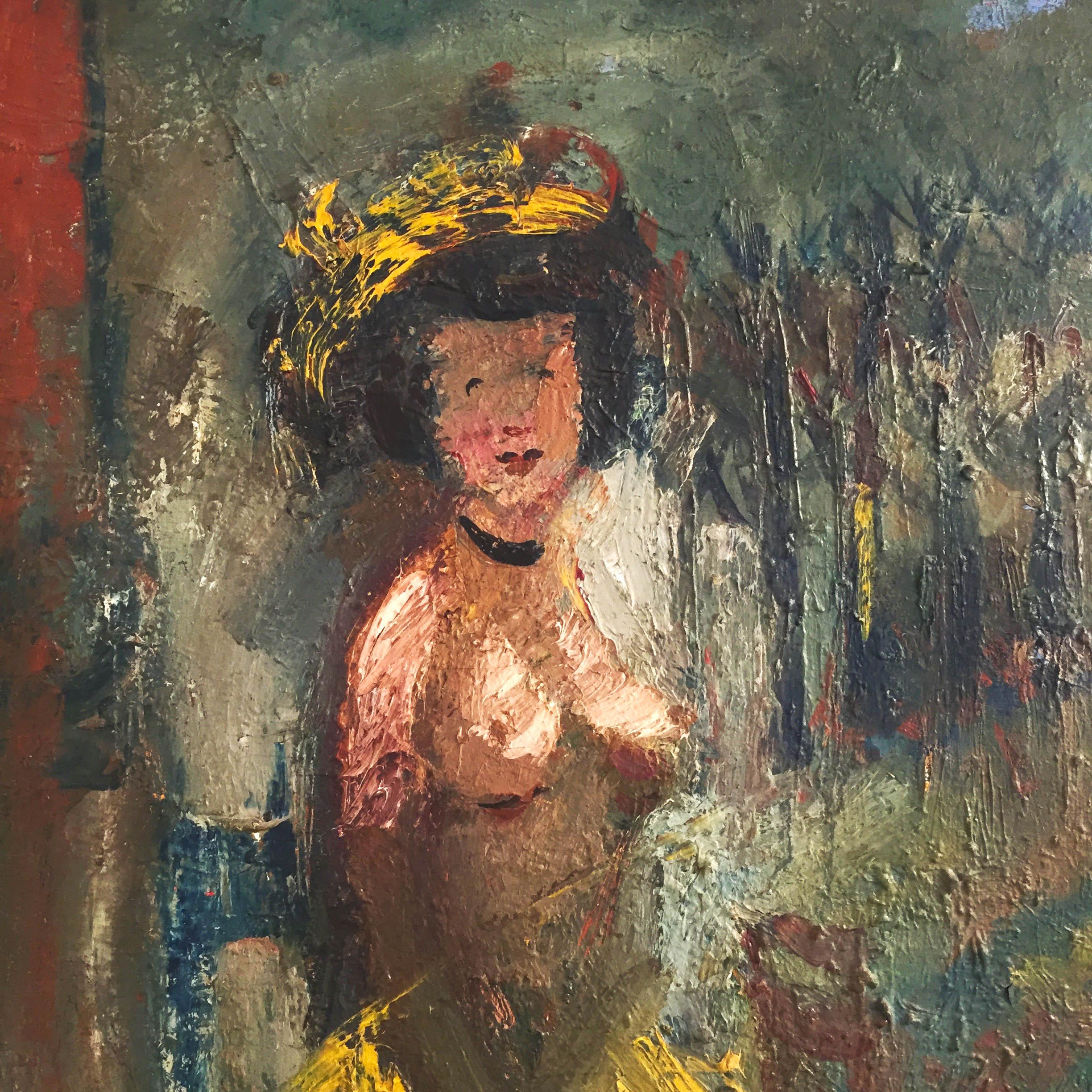 Une belle peinture représentant une femme exotique à moitié nue, vêtue d'une jupe colorée (peut-être en paille), avec une coiffe et un tour de cou similaires. La toile et le dos sont chargés d'histoire. Fernand Labat était un artiste français