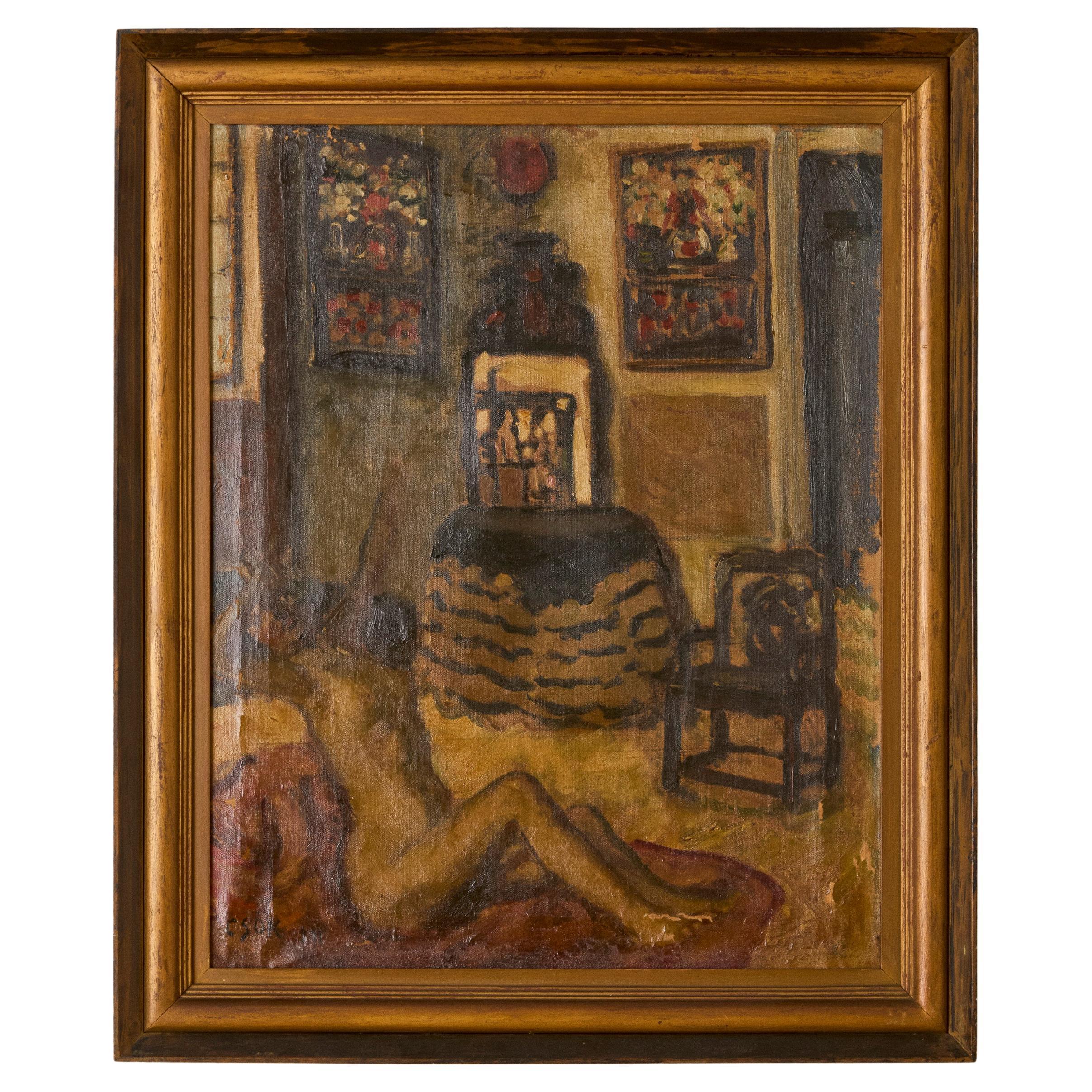 Seated Nude in An Interior Oil on Canvas by István Csók For Sale