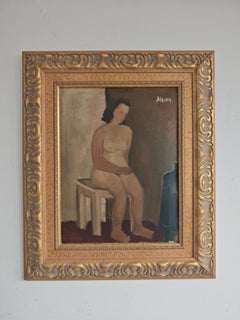 "Nu assis à l'intérieur", huile sur toile, artiste inconnu, Yougoslavie années 1950