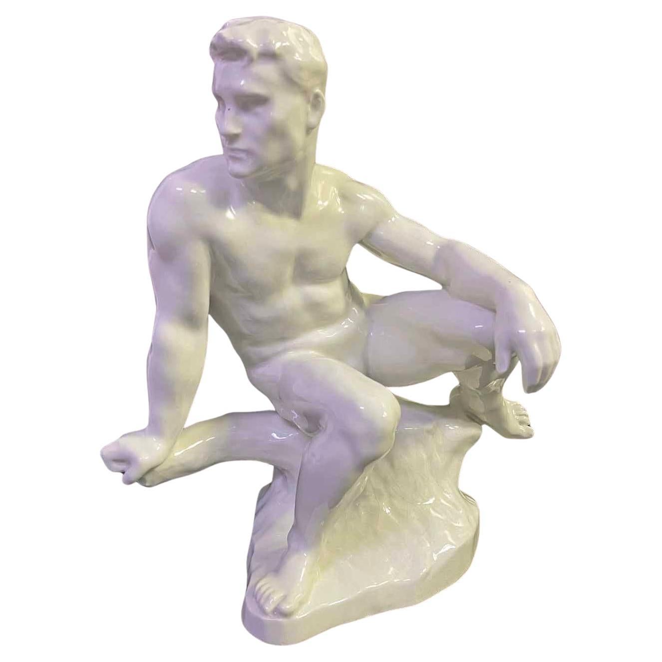 "Seated Nude", Rare Ceramic Sculpture of Male Nude by Jenö Grantner For Sale