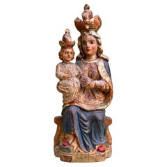 Seated Virgin and Child, both crowned, polychrome wood carving, Spanish school Antique Seated Virgin and Child, both crowned, polychrome wood carving, Spanish school