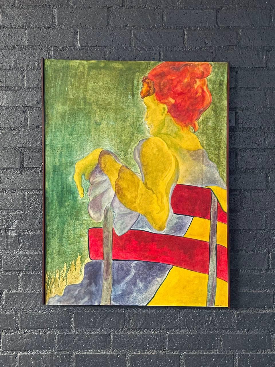Zustand: Original Vintage By Zustand
Designer: Signiert Jūratė
Hersteller: Signiert Jūratė
Land: Europa  
MATERIALIEN: Öl auf Leinwand, Holzrahmen


Dieses eindrucksvolle expressionistische Gemälde, Seated Woman in Red Chair von Jūratė, um 1975,