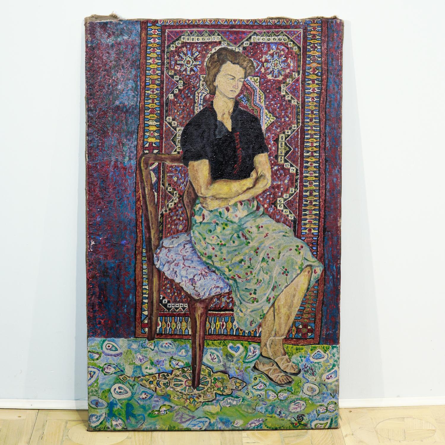 Mid-Century moderno Donna seduta e tappeto persiano Pittura olio su tela dell'israeliano Zvi Olivitzki, 1960 in vendita