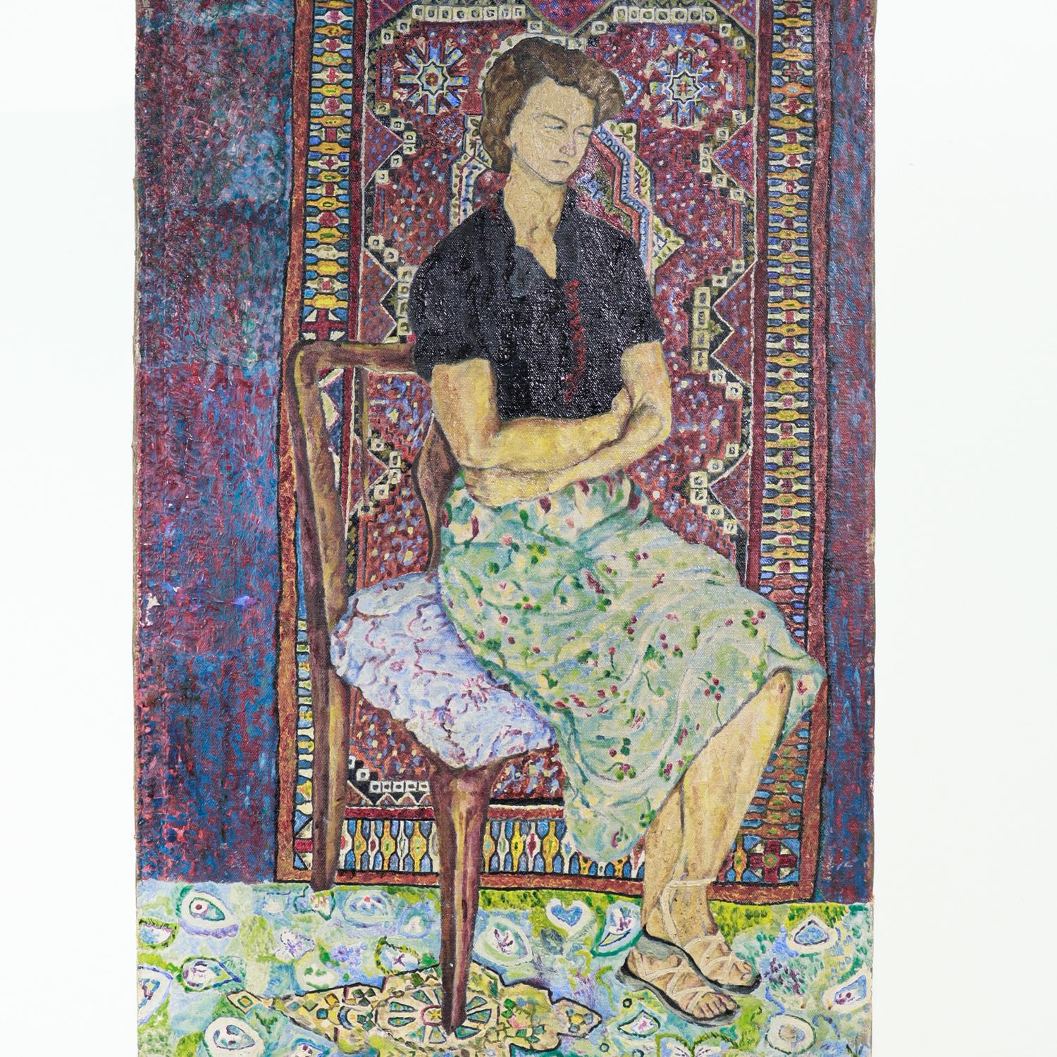 Israeliano Donna seduta e tappeto persiano Pittura olio su tela dell'israeliano Zvi Olivitzki, 1960 in vendita