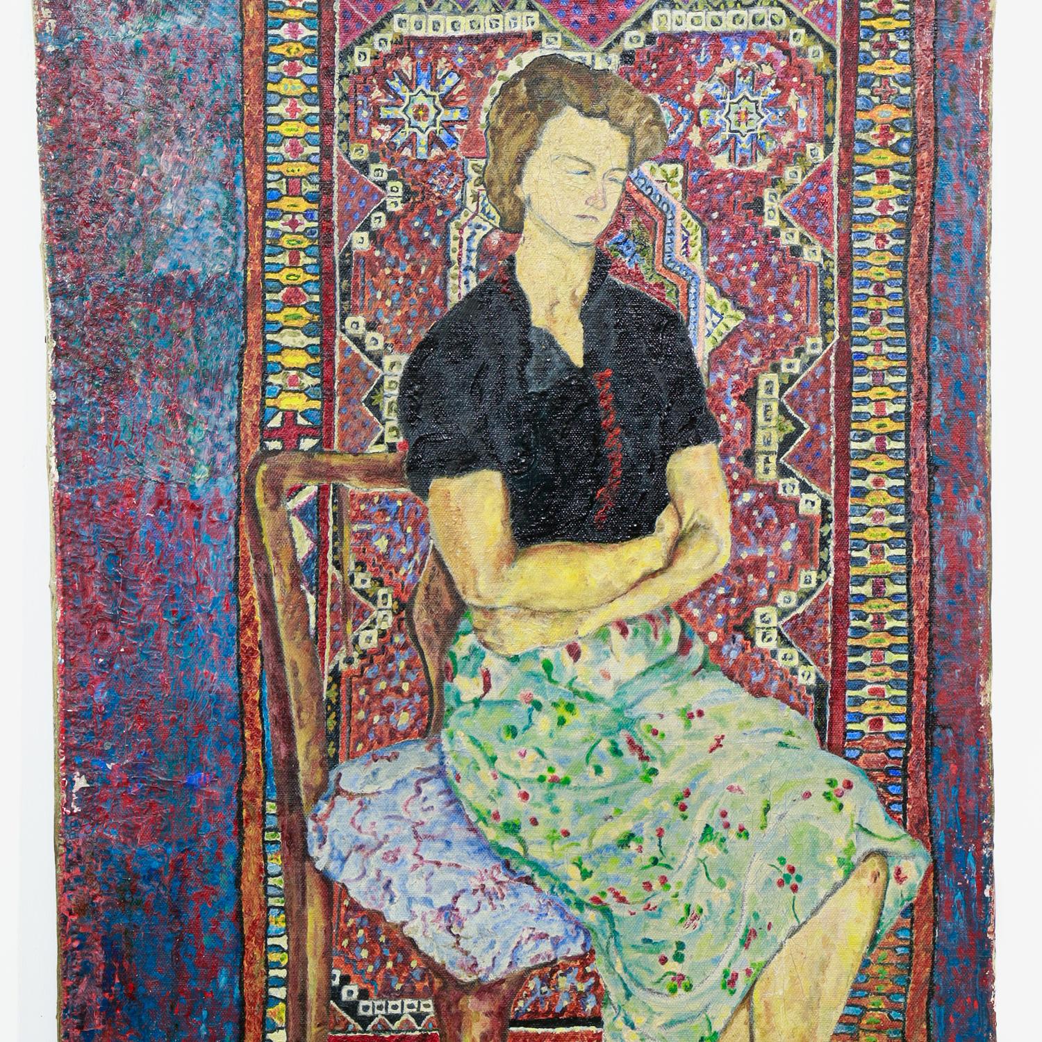 Donna seduta e tappeto persiano Pittura olio su tela dell'israeliano Zvi Olivitzki, 1960 In condizioni buone in vendita a Philadelphia, PA