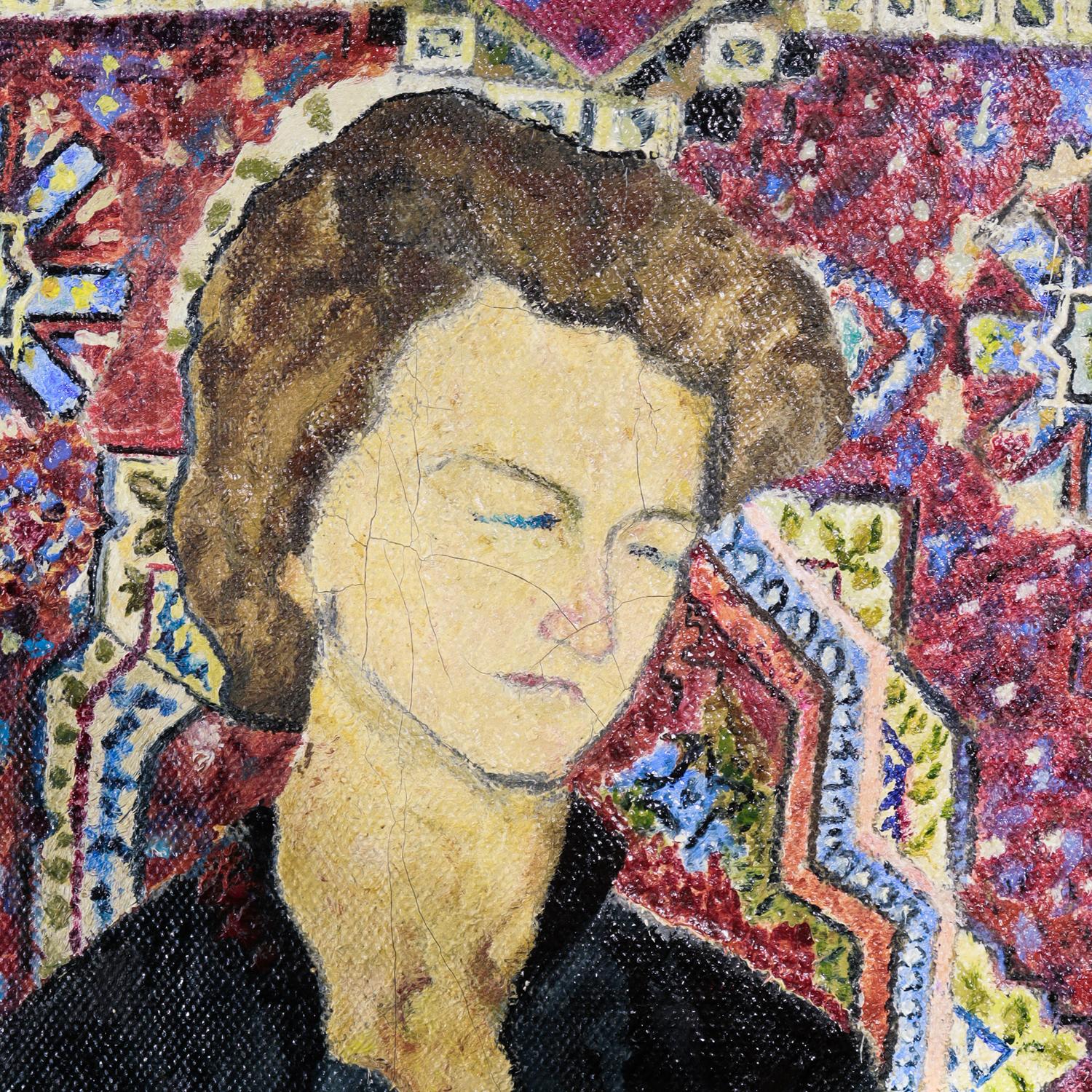 Donna seduta e tappeto persiano Pittura olio su tela dell'israeliano Zvi Olivitzki, 1960 in vendita 2