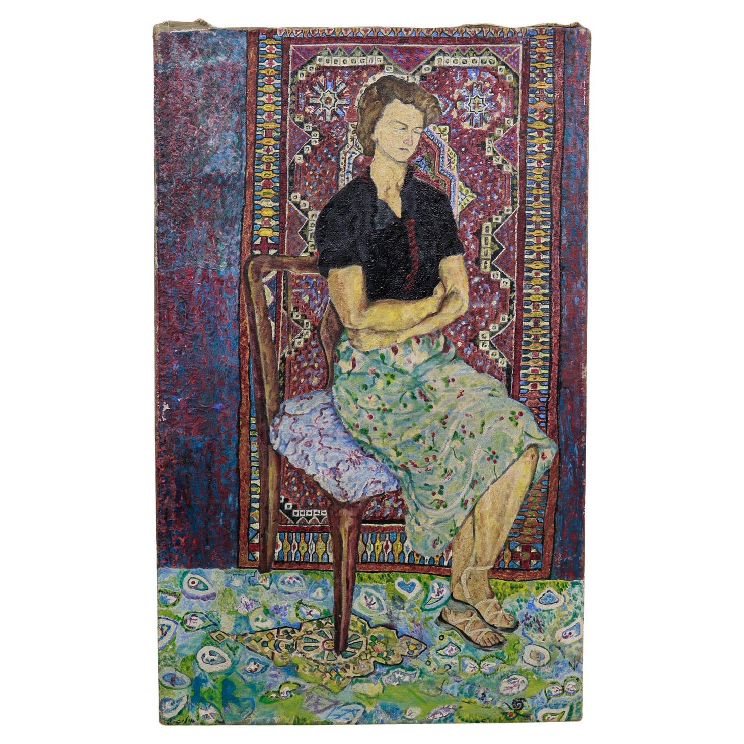 Seated Woman & Persian Rug Oil on Canvas Painting by Israeli Zvi Olivitzki, 1960