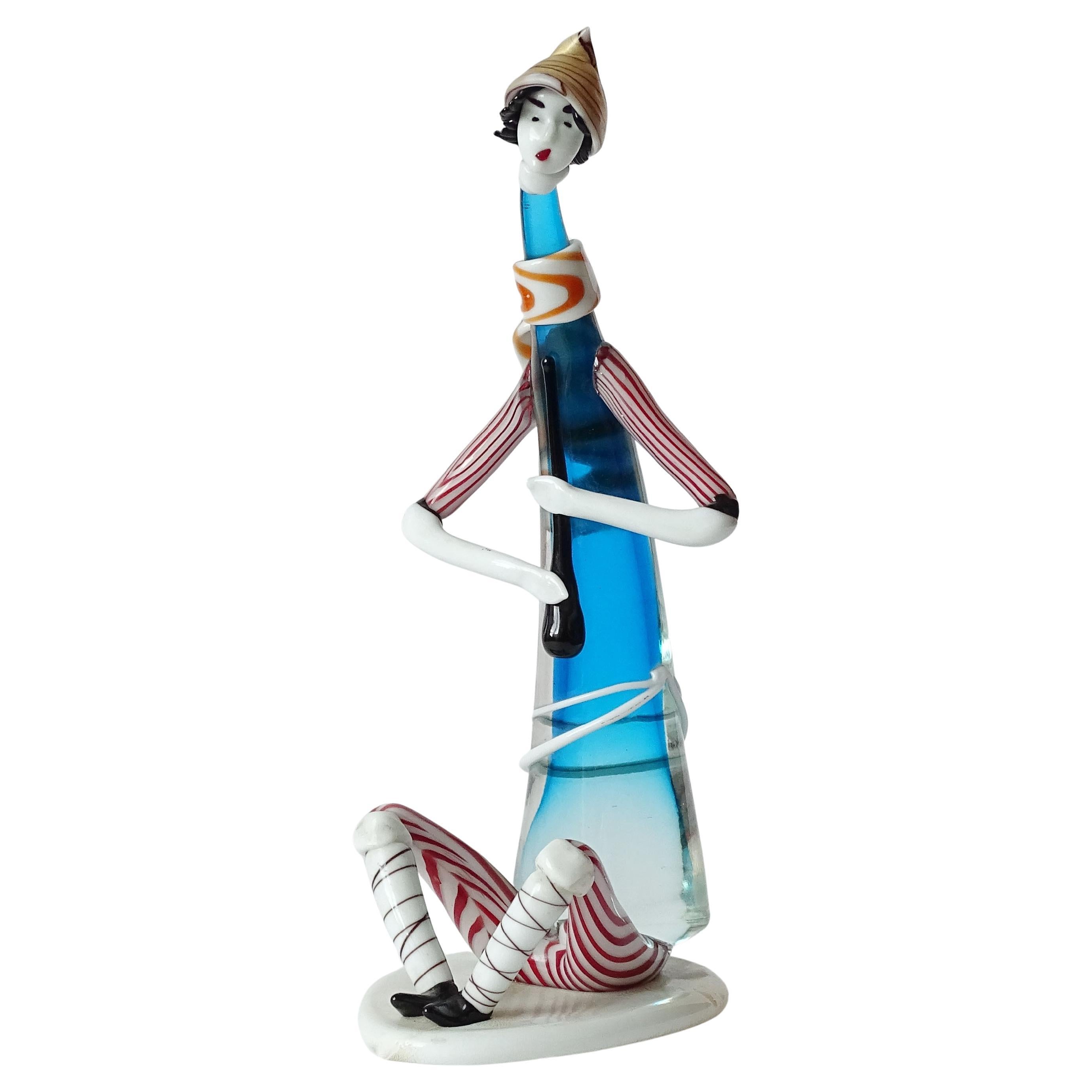 Seated Woman Playing a Recorder – Italian Murano Glass Figurine, circa 1950s For Sale