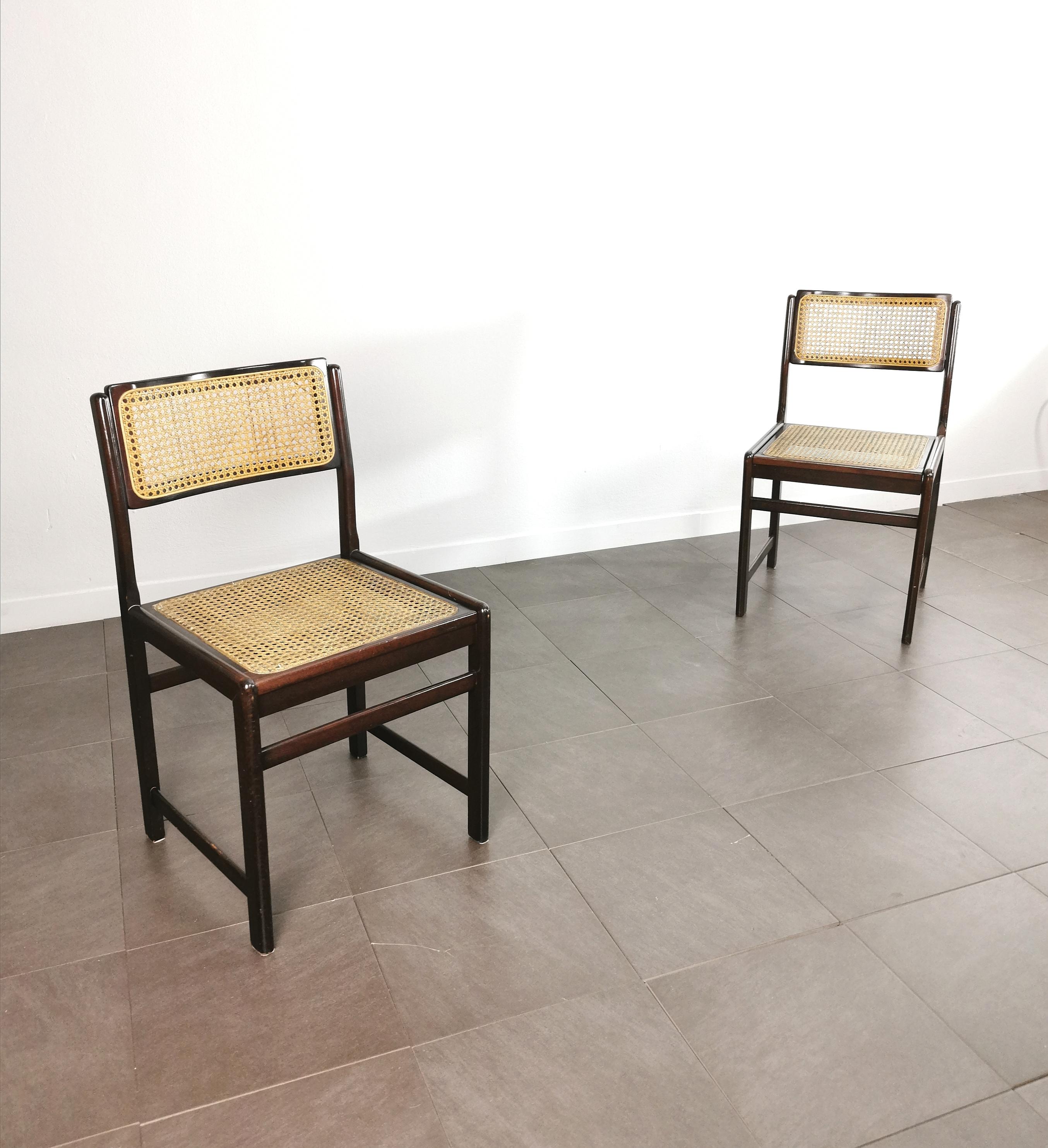 2er-Set Esszimmerstühle, Holz, Wiener Stroh, italienisches Design, Mitte des Jahrhunderts, 1960er Jahre (Italienisch)