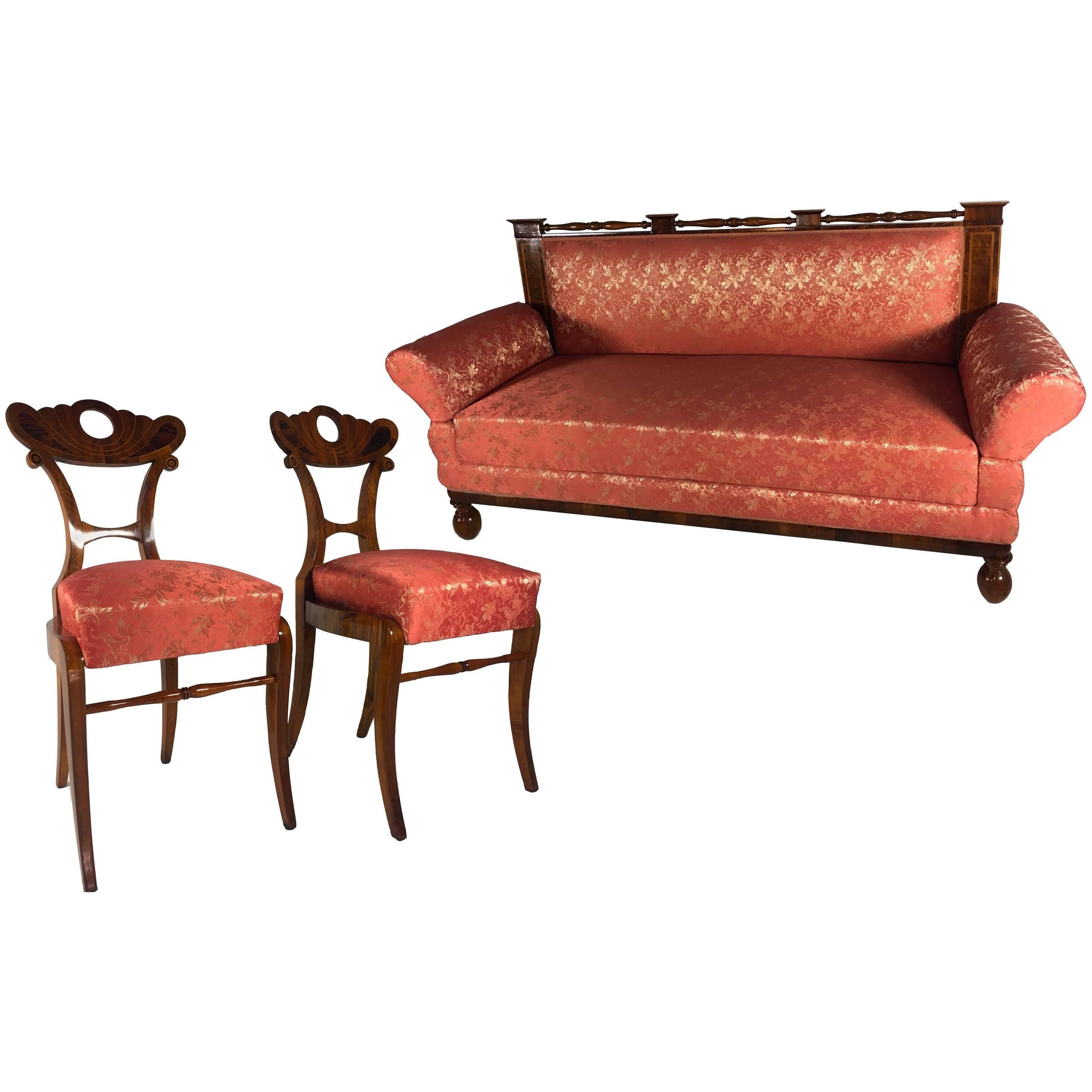 Sitzset aus Biedermeier, Sofa und zwei Sesseln, 1870er Jahre