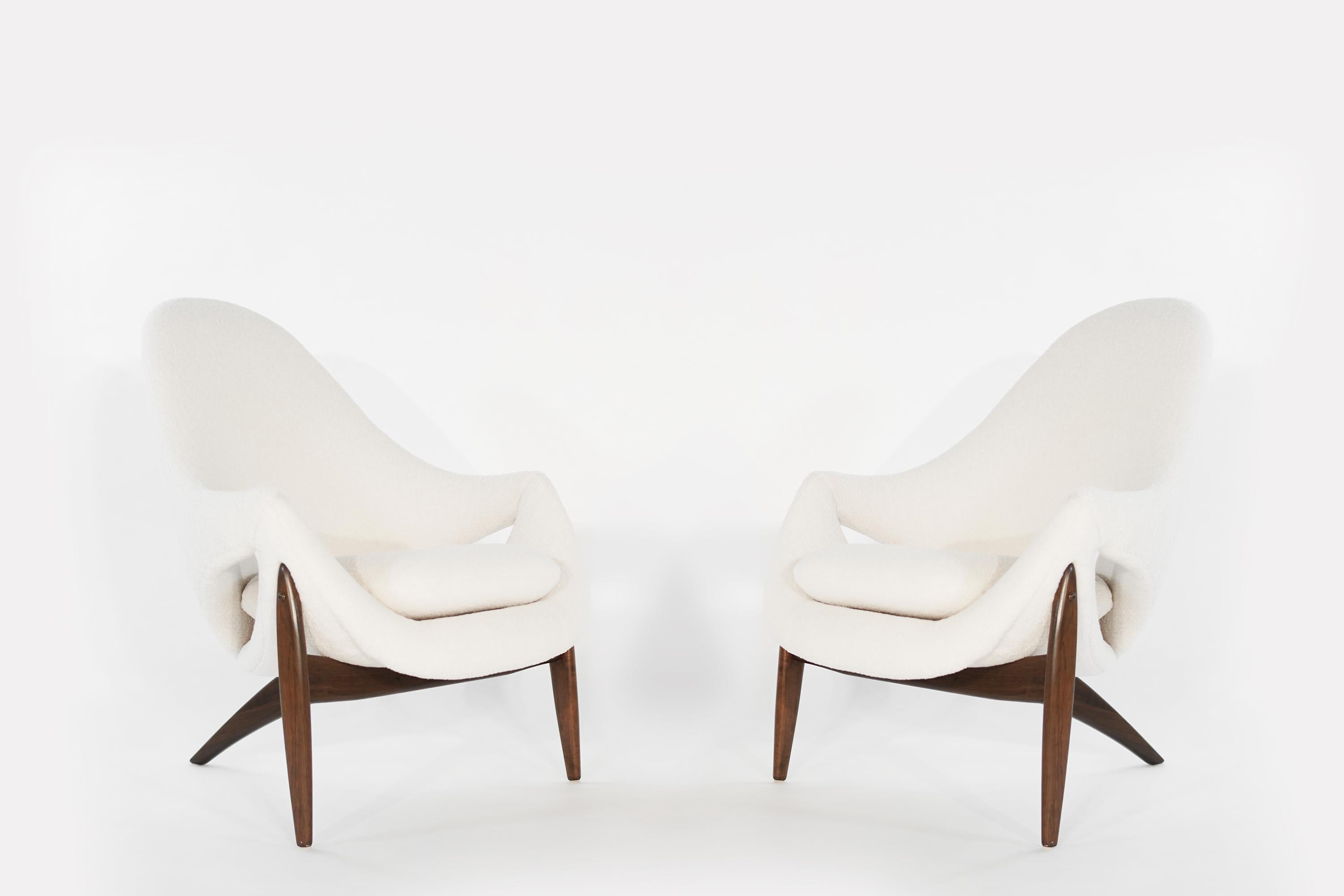 Rare seating suite designed by Italy-born furniture designer Luigi Tiengo and produced by the Canadian manufacturer Cimon in Montréal, circa 1963. Fully restored sculptural frames executed in walnut, newly upholstered in heavy wool by Kravet.