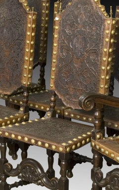 Seats in Walnut and Embossed Leather, 19th Century