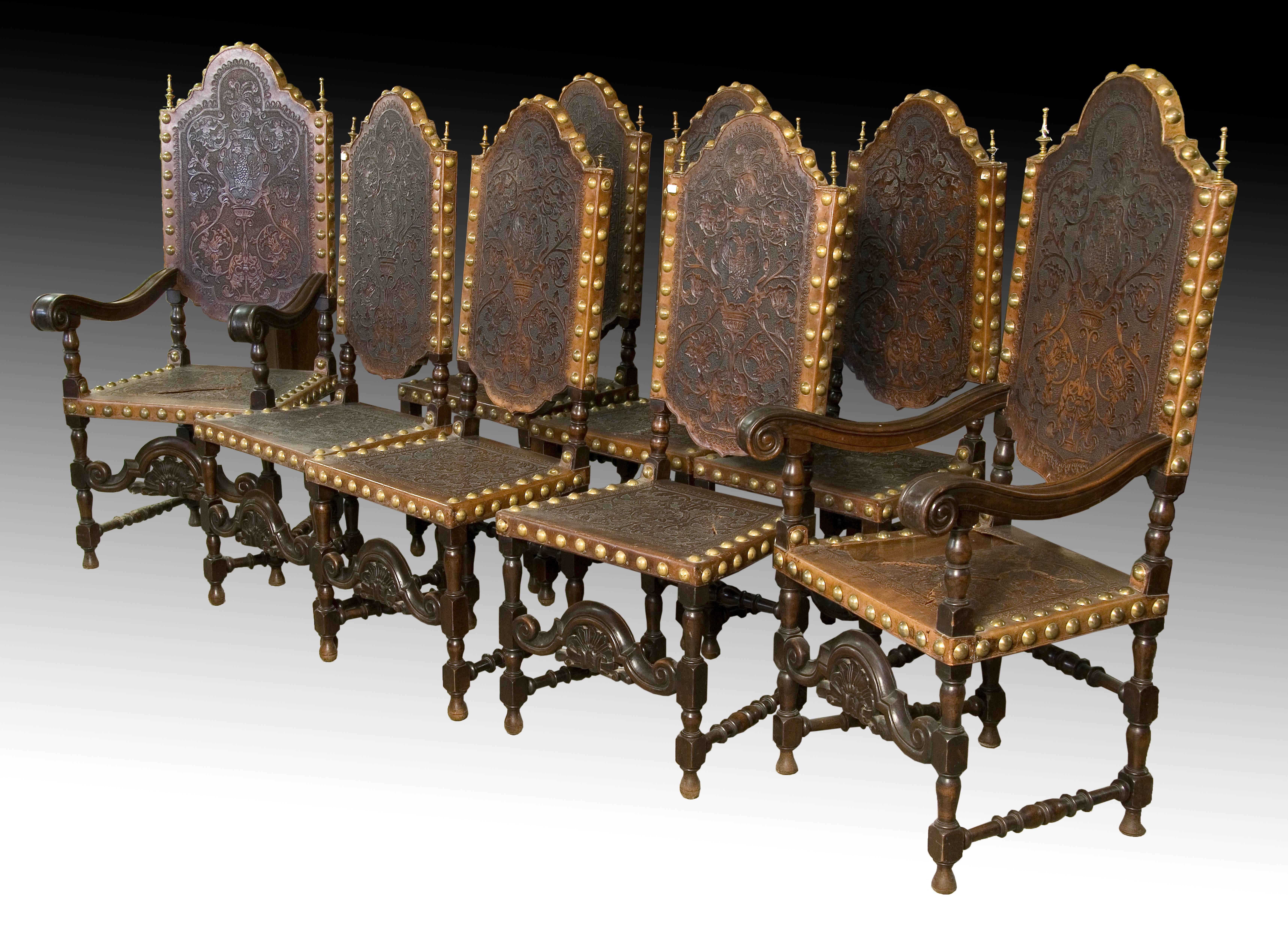 Seats in Walnut and Embossed Leather, 19th Century For Sale 2