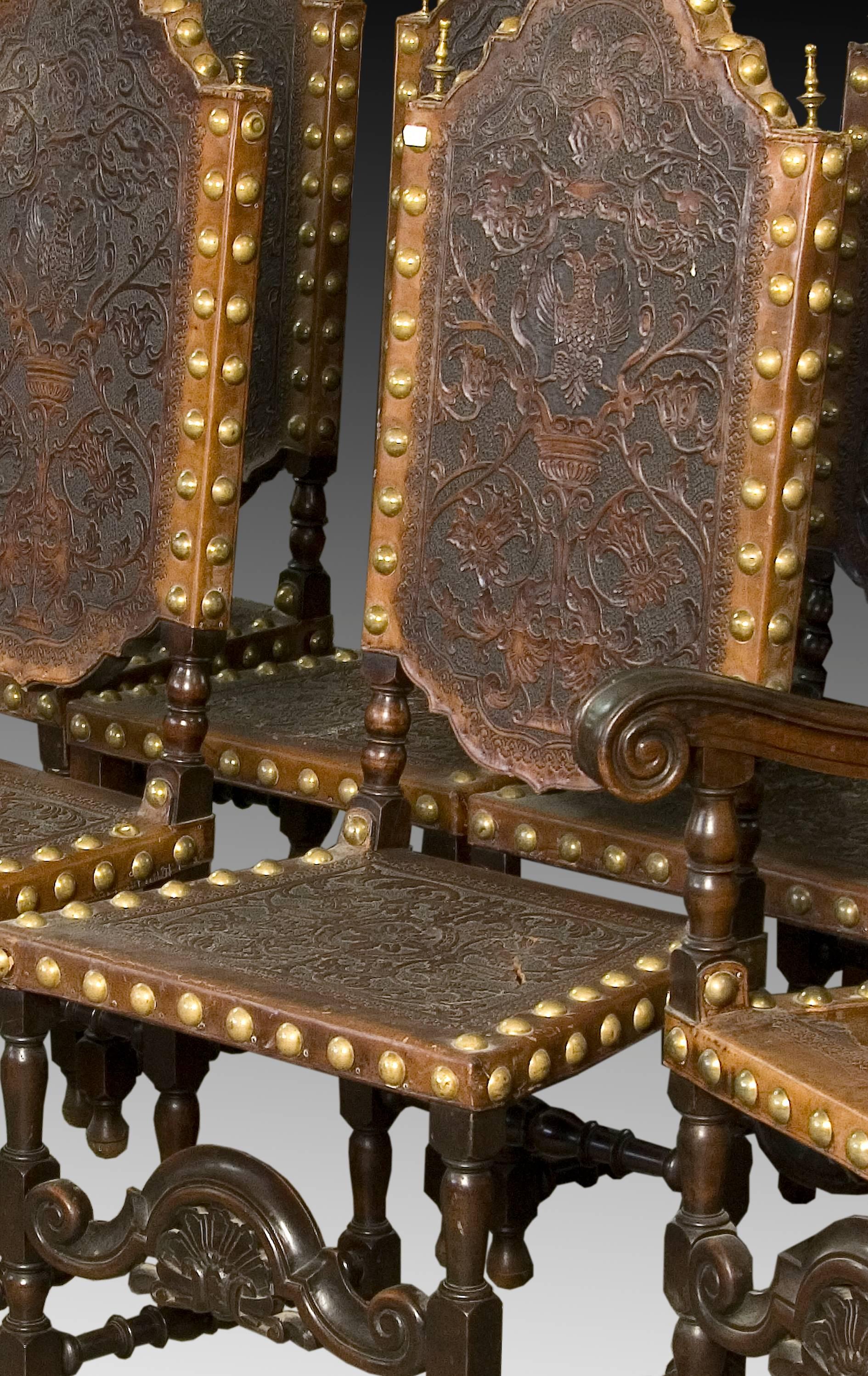 Seats in Walnut and Embossed Leather, 19th Century For Sale 3