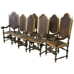 Seats in Walnut and Embossed Leather, 19th Century