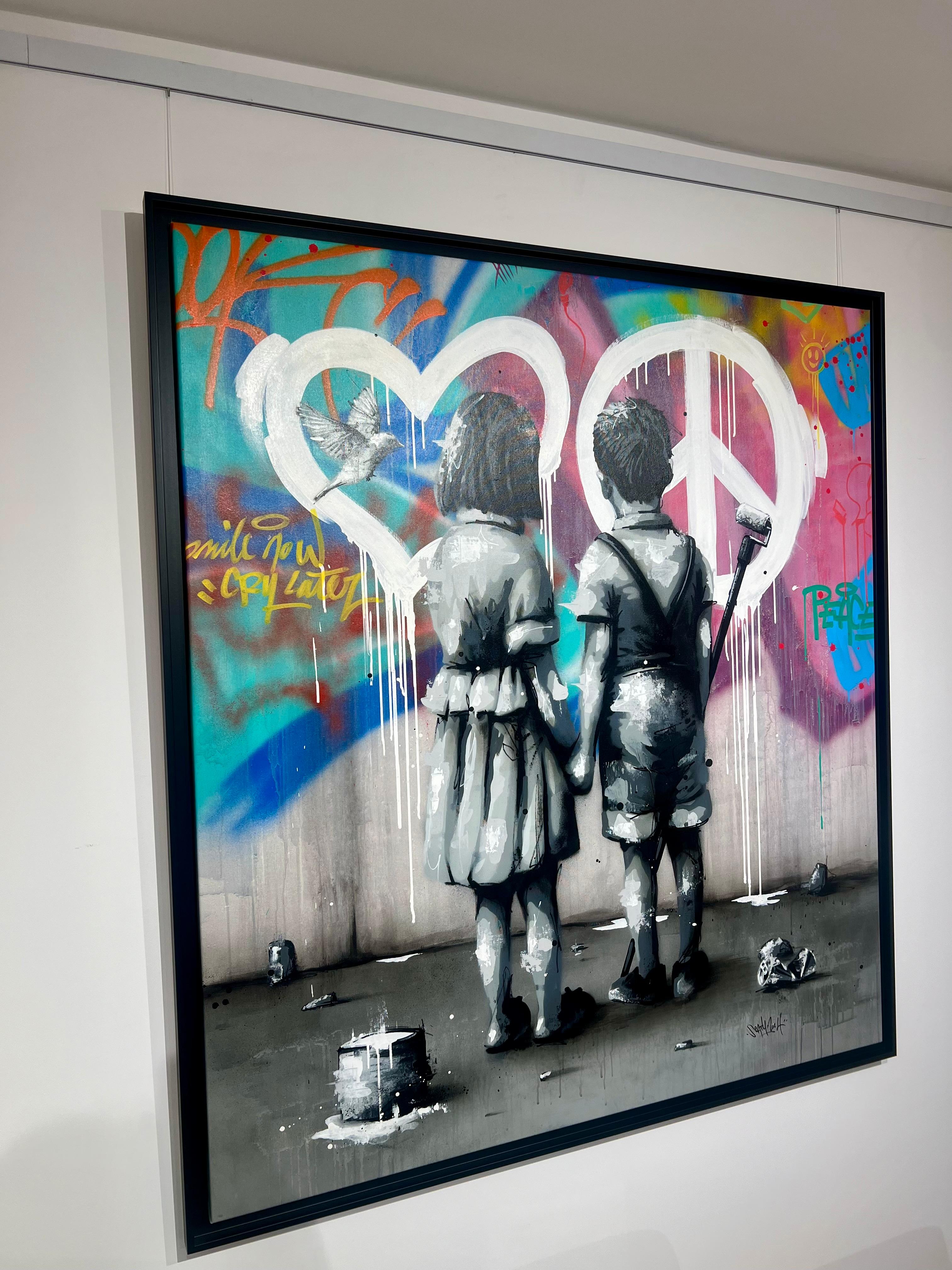Peinture originale et unique du street-artist français SEATY.

Cette œuvre d'art captivante représente deux enfants de dos, tenant un pinceau et contemplant un mur couvert de graffitis colorés. Les personnages sont représentés en noir et blanc,