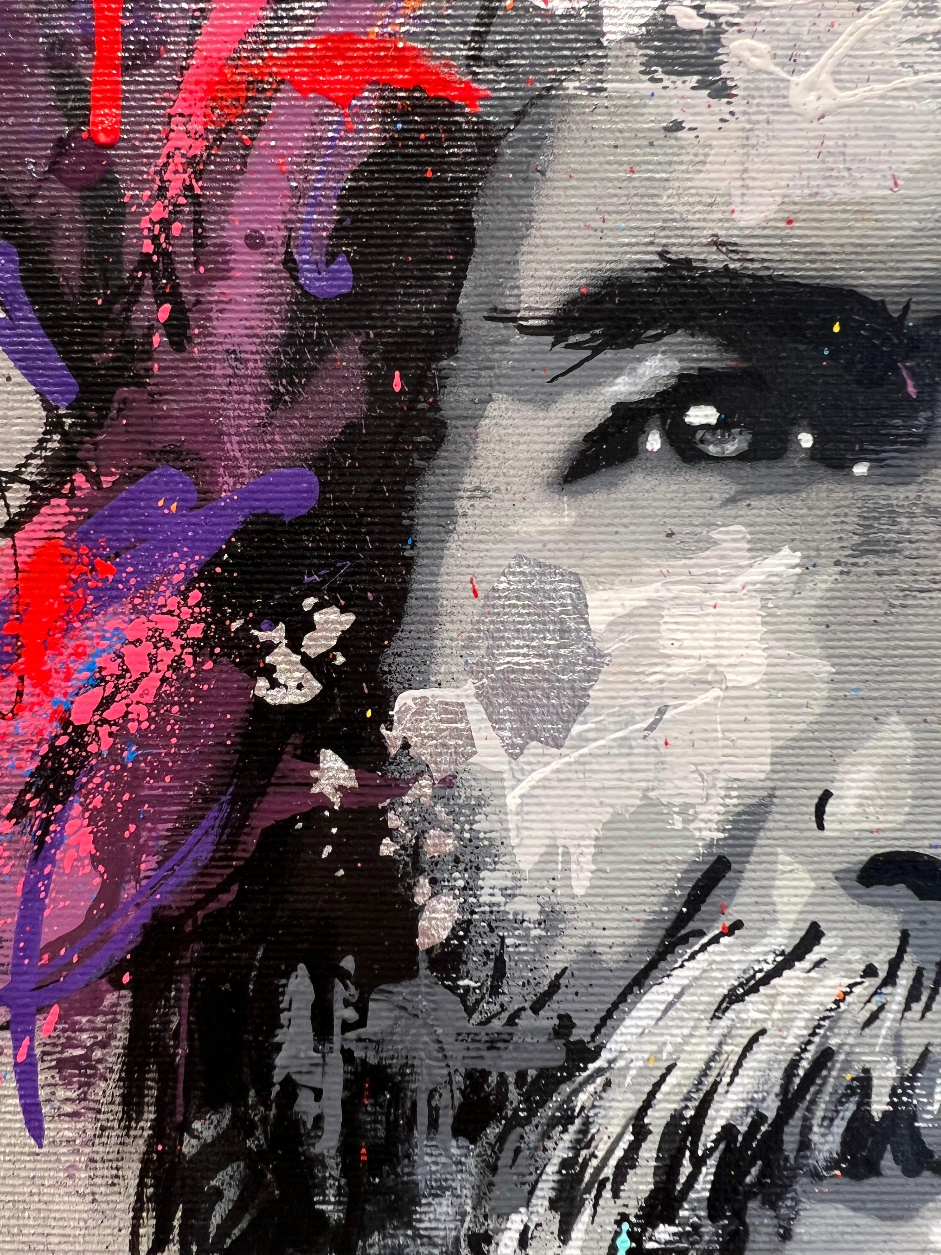 Original and unique painting by french street-artist SEATY.

This captivating artwork presents a striking juxtaposition between black and white and an explosion of color.

The gray concrete background, printed with diamond-patterned motifs,