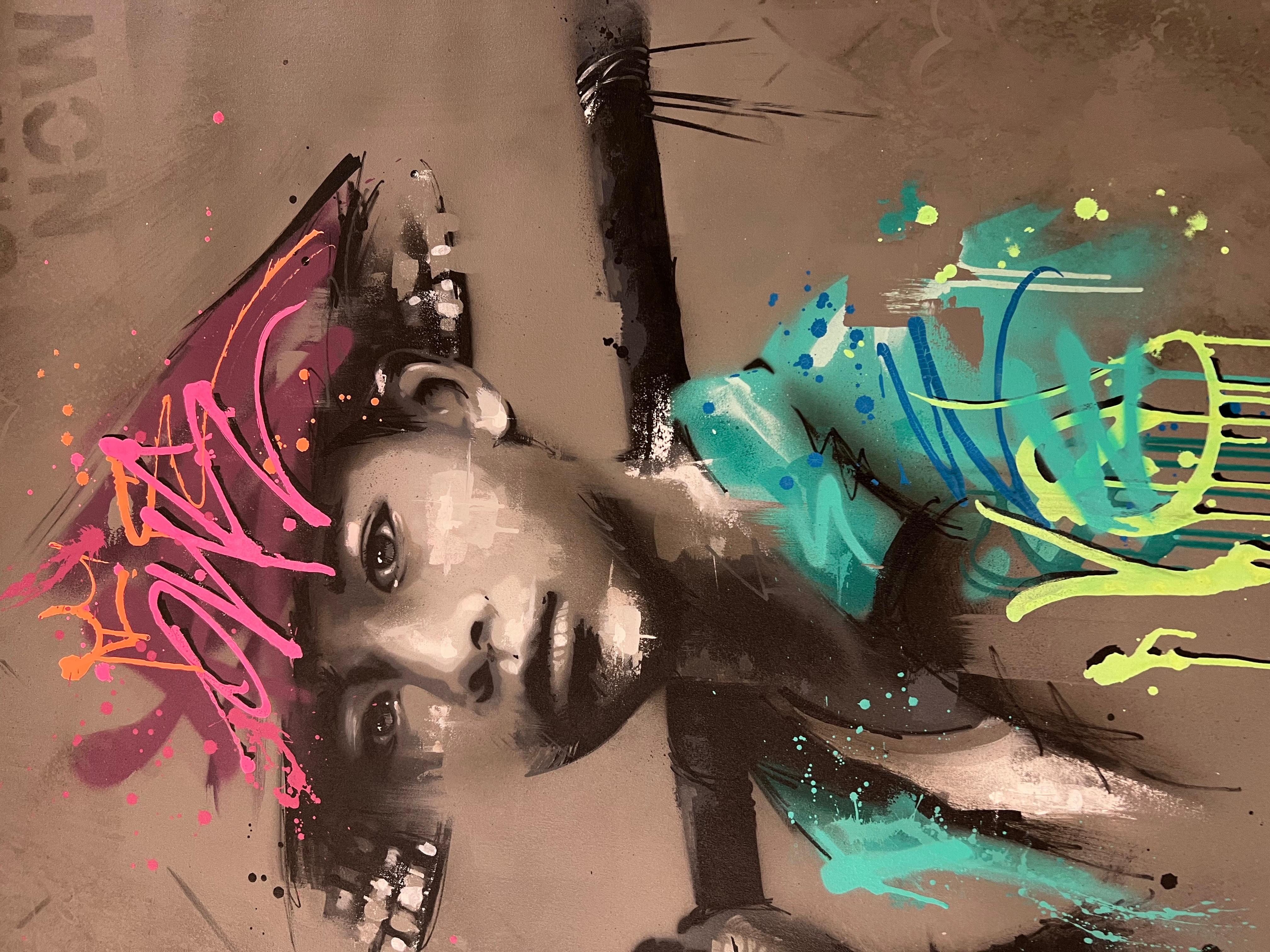 Original and unique painting by french street-artist SEATY.

This captivating artwork presents a striking juxtaposition between black and white and an explosion of color.

The gray concrete background, printed with diamond-patterned motifs,