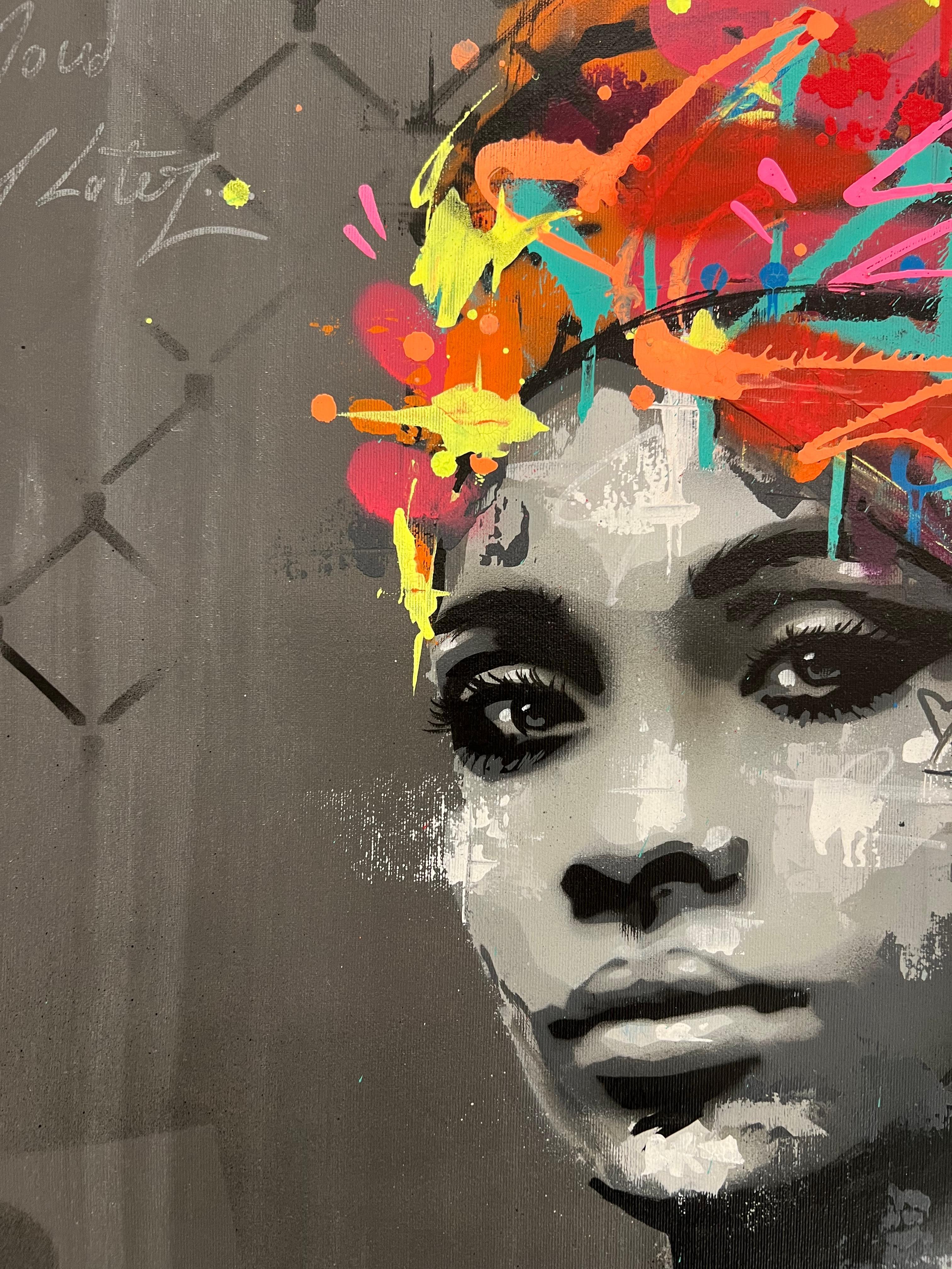 Original and unique painting by french street-artist SEATY.

This captivating artwork presents a striking juxtaposition between black and white and an explosion of color.

The gray concrete background, printed with diamond-patterned motifs,