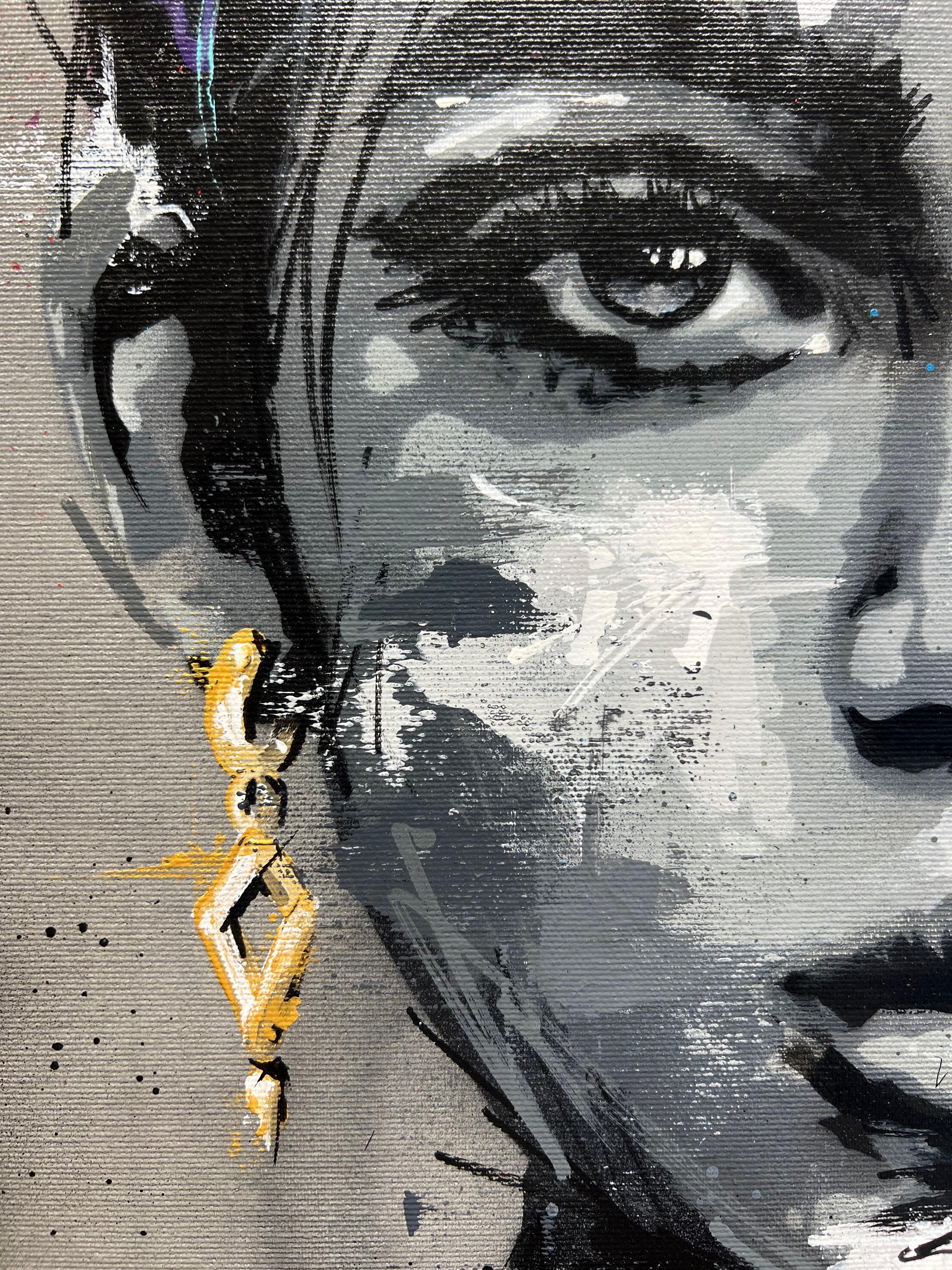 Original and unique painting by french street-artist SEATY.

This captivating artwork presents a striking juxtaposition between black and white and an explosion of color.

The gray concrete background, printed with diamond-patterned motifs,