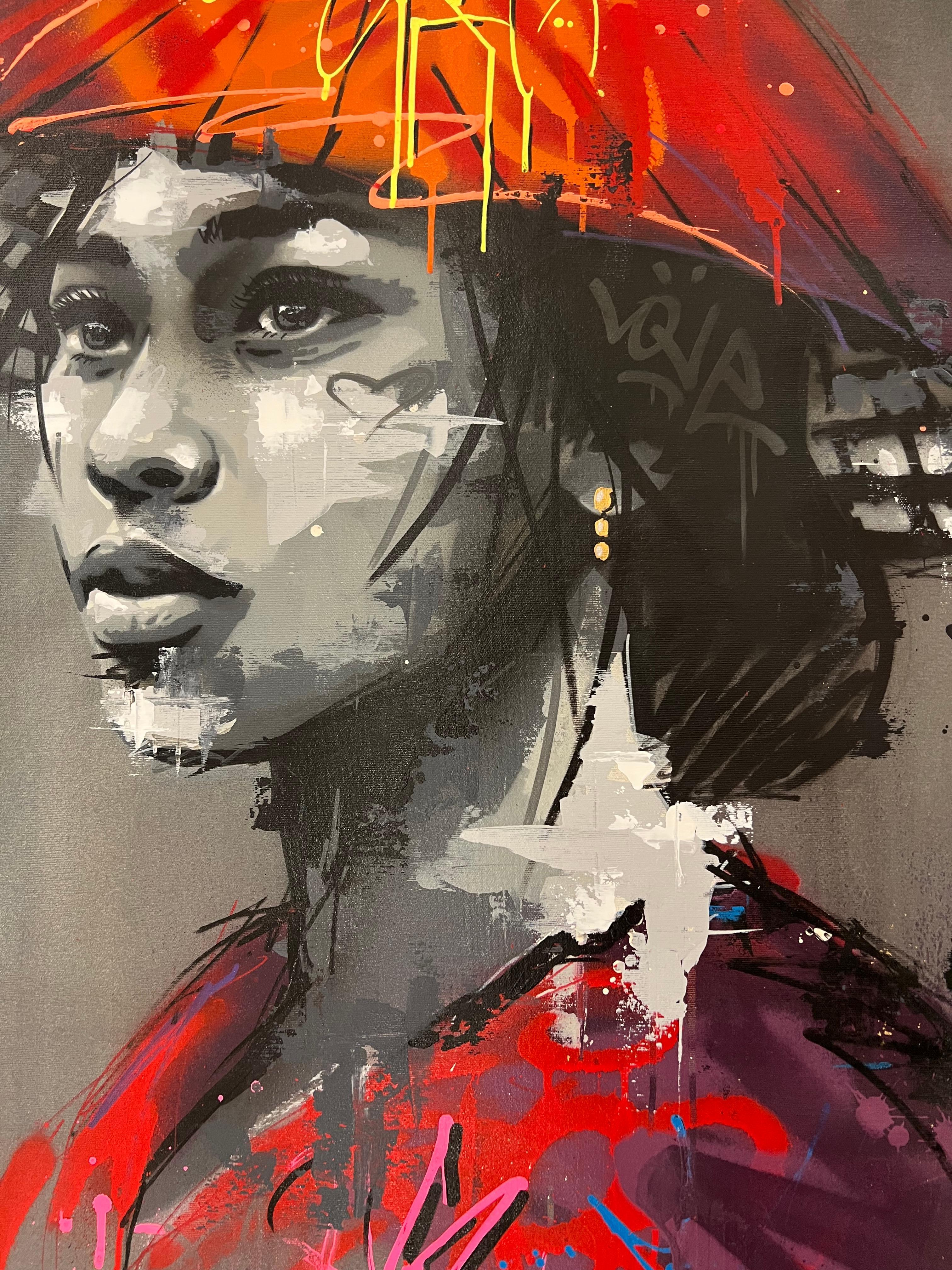 Original and unique painting by french street-artist SEATY.

This captivating artwork presents a striking juxtaposition between black and white and an explosion of color.

The gray concrete background, printed with diamond-patterned motifs,