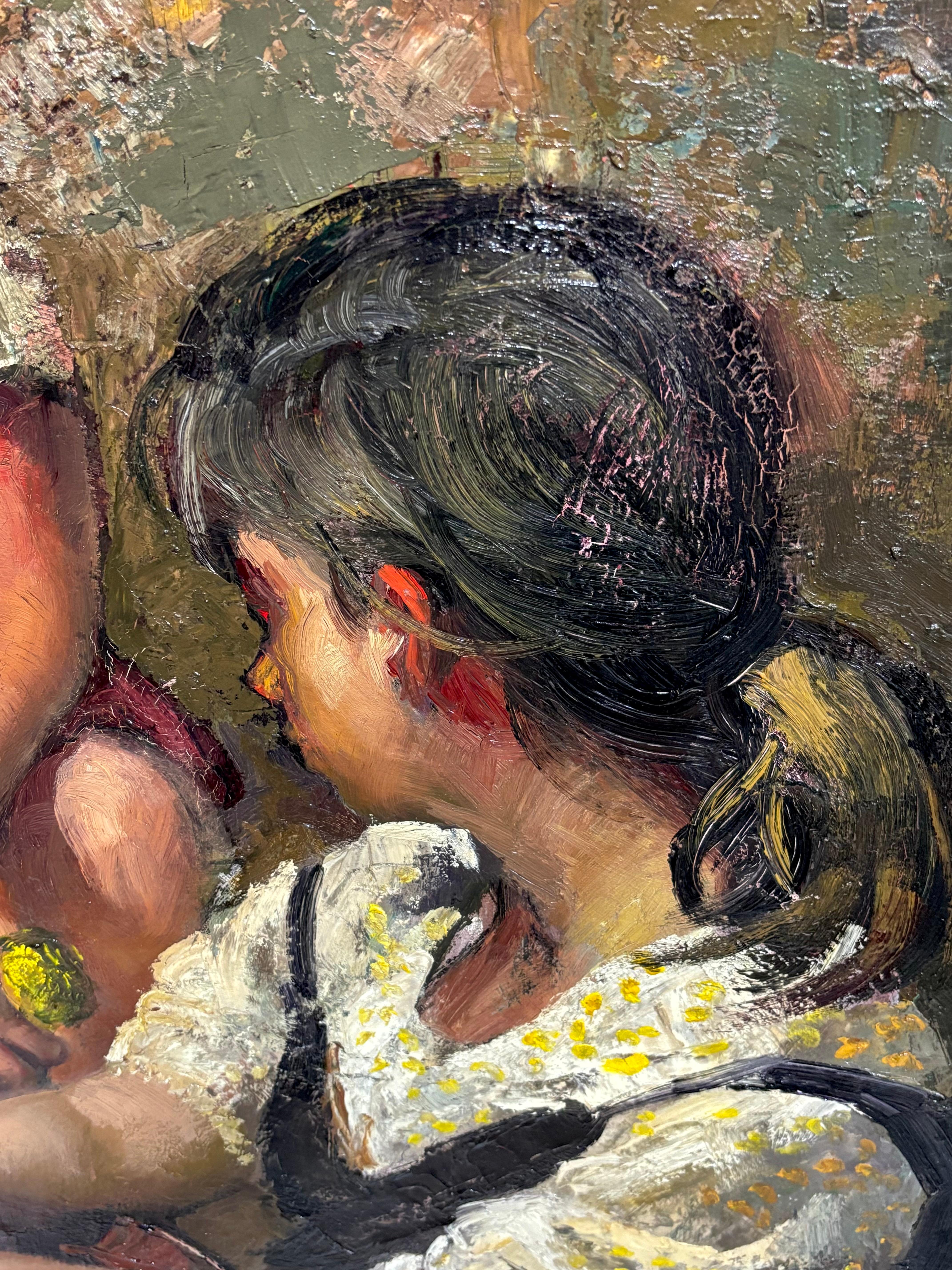 Óleo sobre tela - Desgranando maíz - Figurative Painting Negro de Sebastià Freixas Vivó