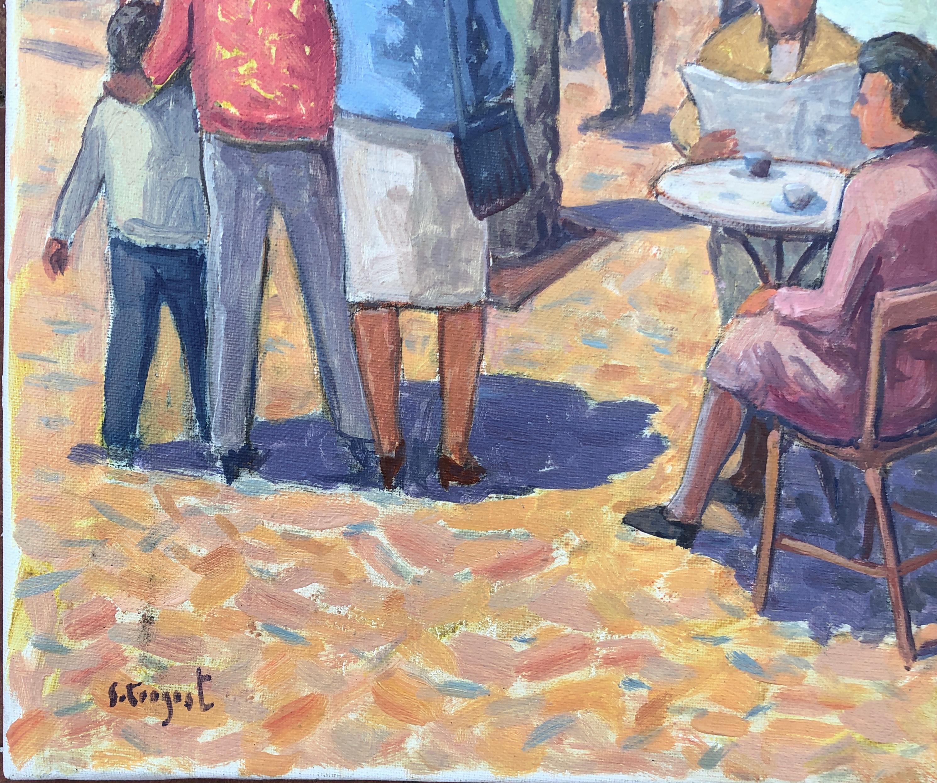 Cittadini in una città spagnola olio su tela pittura paesaggio urbano - Painting di Sebastia Congost i Pla