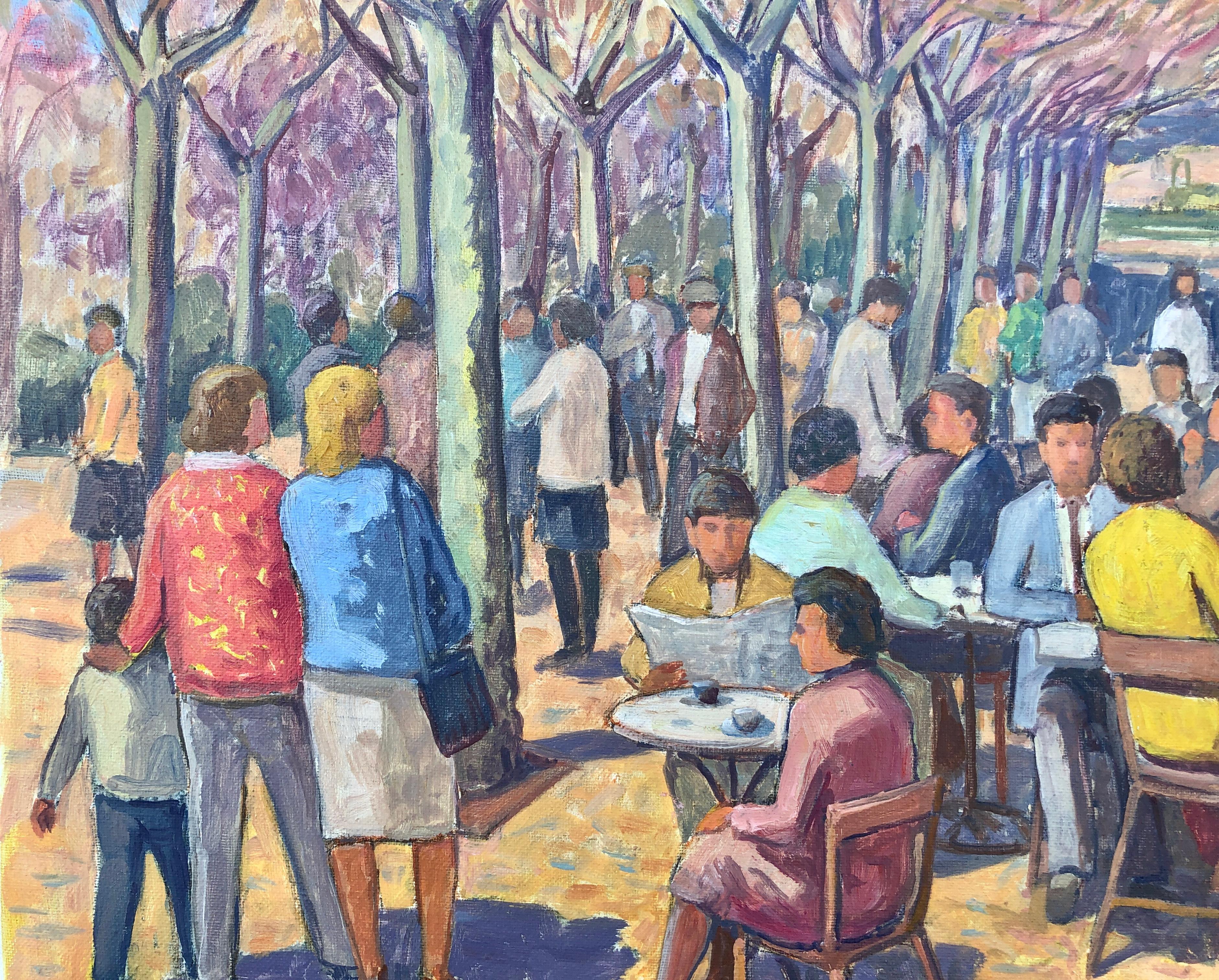 Cittadini in una città spagnola olio su tela pittura paesaggio urbano - Painting Dopoguerra di Sebastia Congost i Pla
