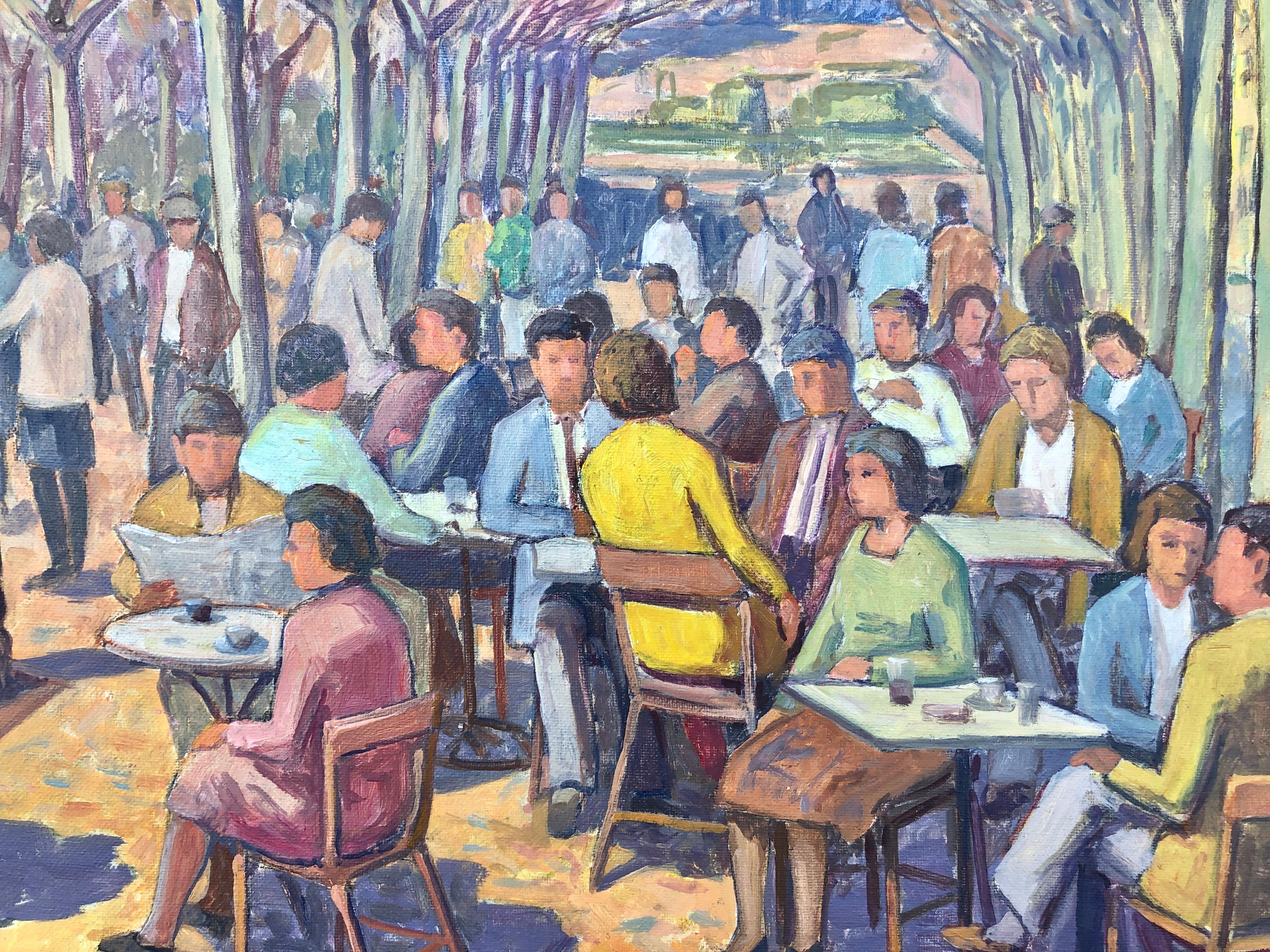 Cittadini in una città spagnola olio su tela pittura paesaggio urbano - Landscape Painting Grigio di Sebastia Congost i Pla