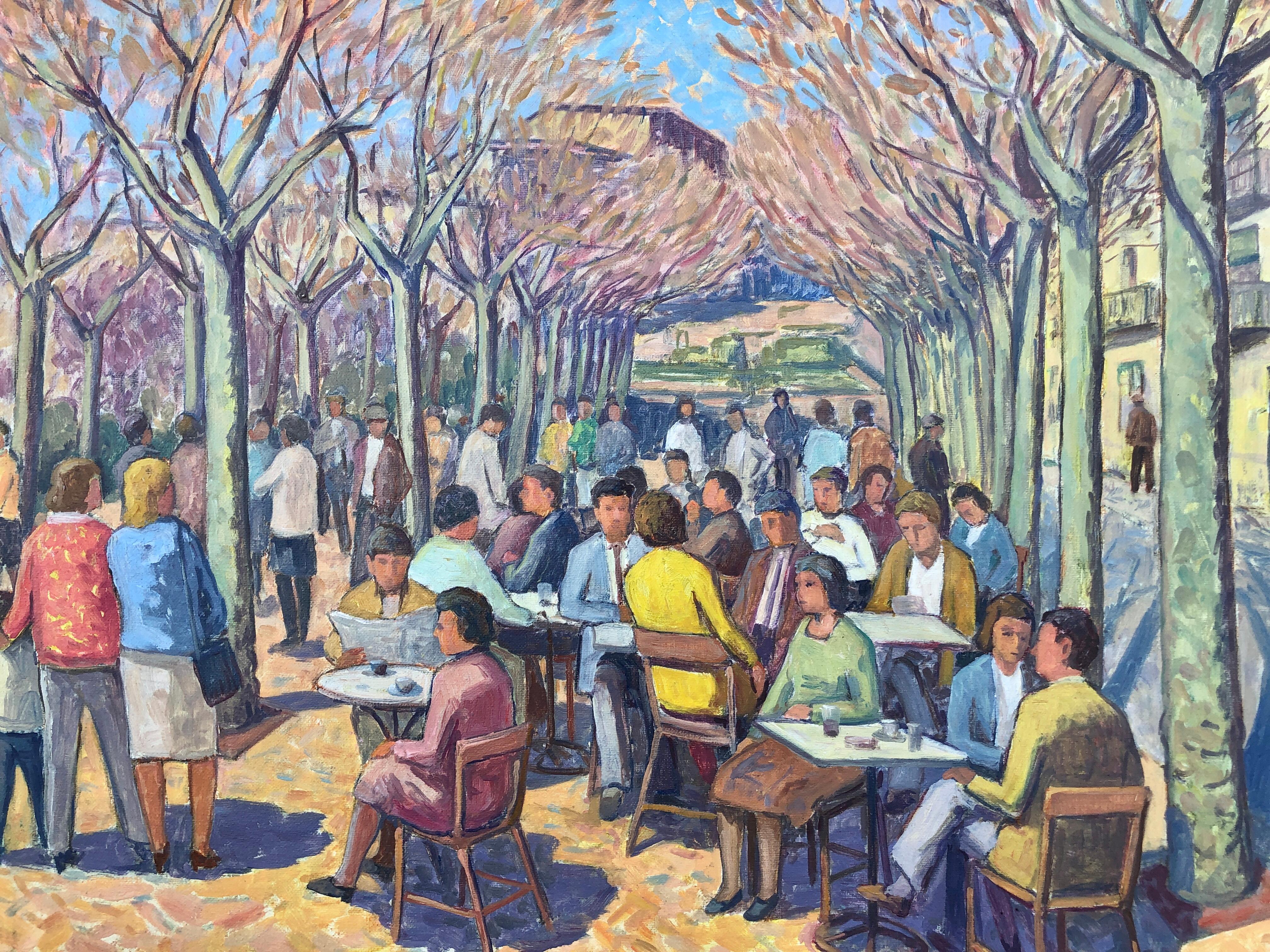 Cittadini in una città spagnola olio su tela pittura paesaggio urbano in vendita 2
