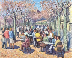 Citizens in a Spanish town oil on canvas painting urbanscape