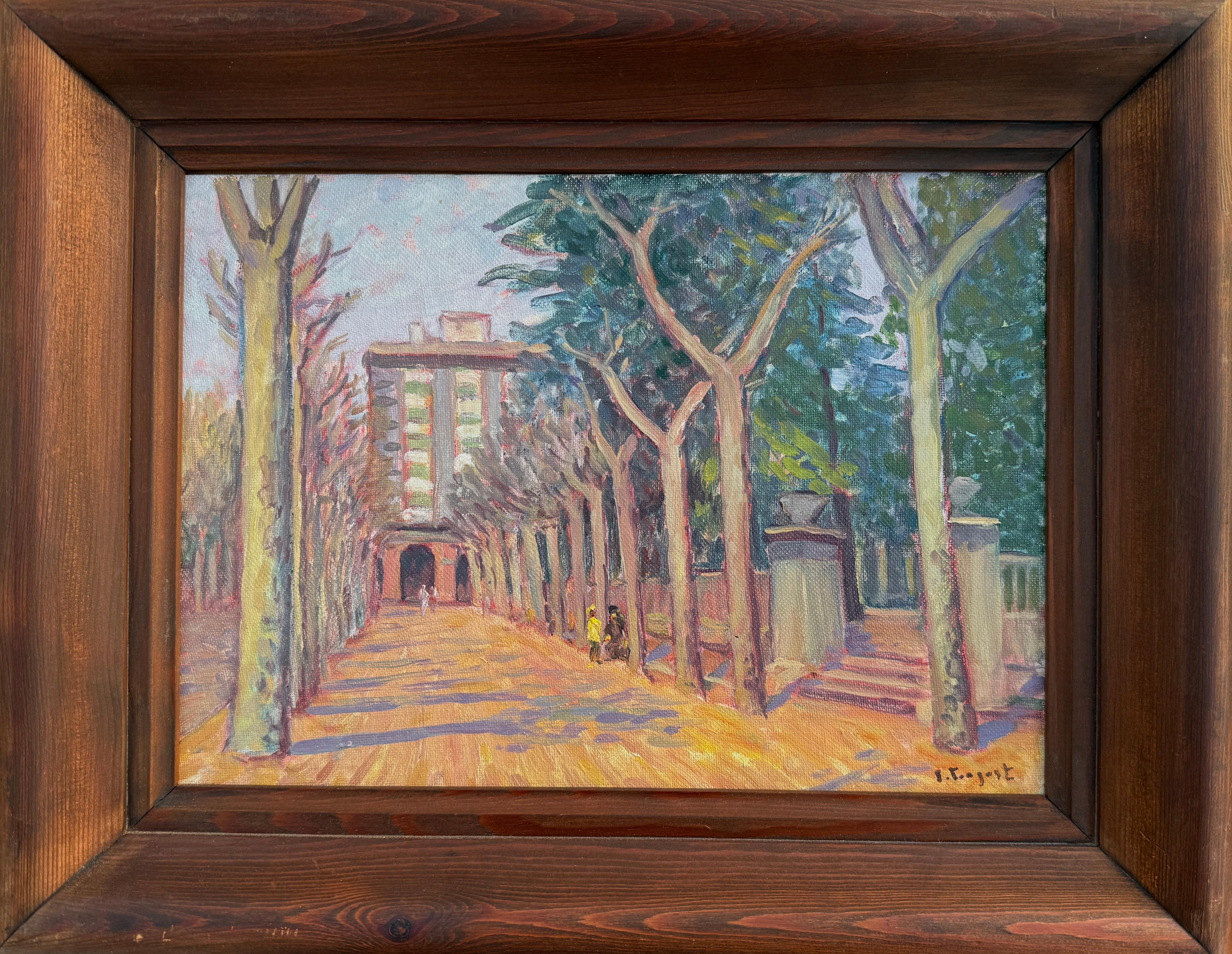 Park in a Catalan City oil painting spanish urbanscape - Painting by Sebastia Congost i Pla