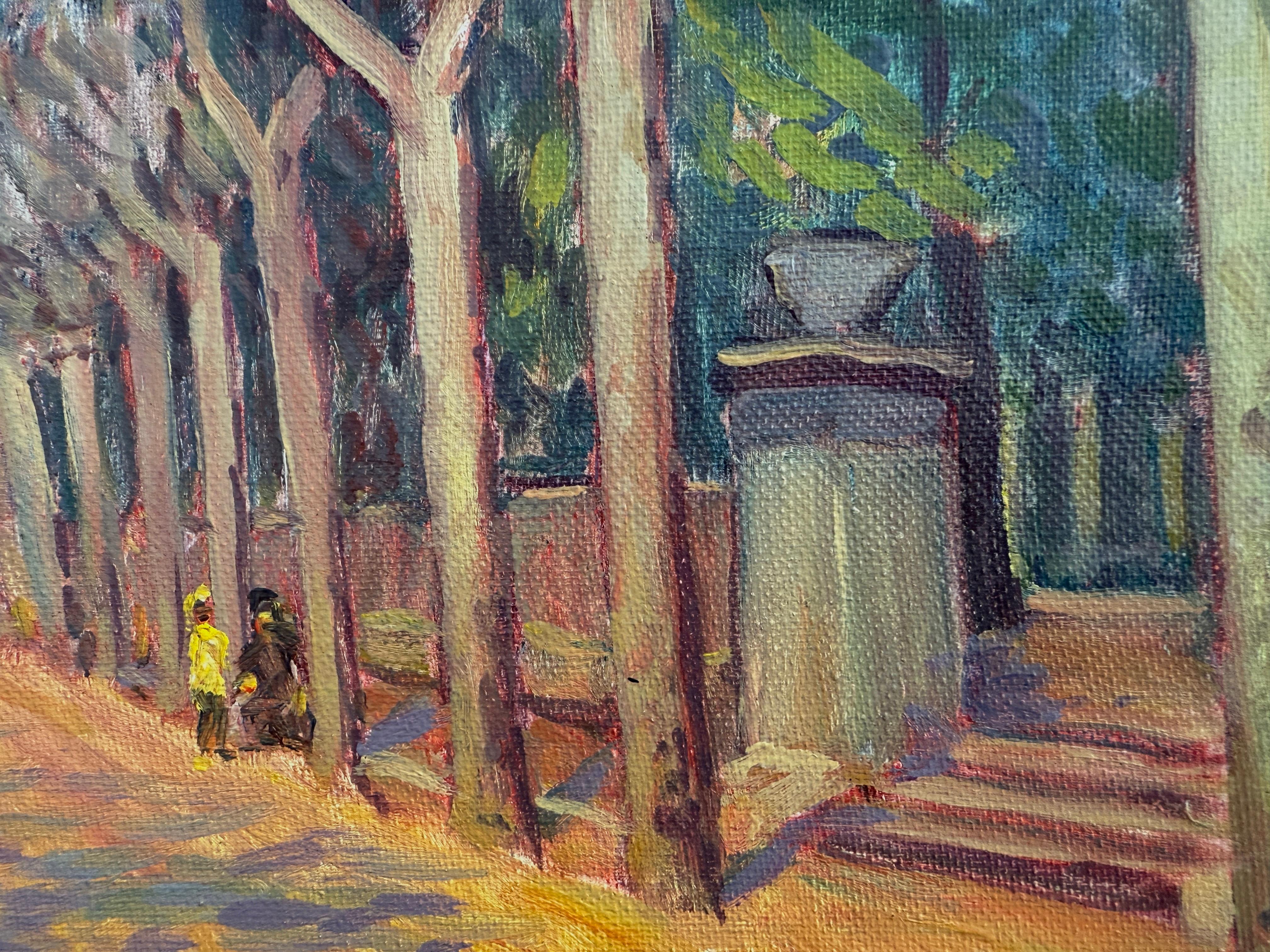 Park in a Catalan City oil painting spanish urbanscape - Gray Landscape Painting by Sebastia Congost i Pla