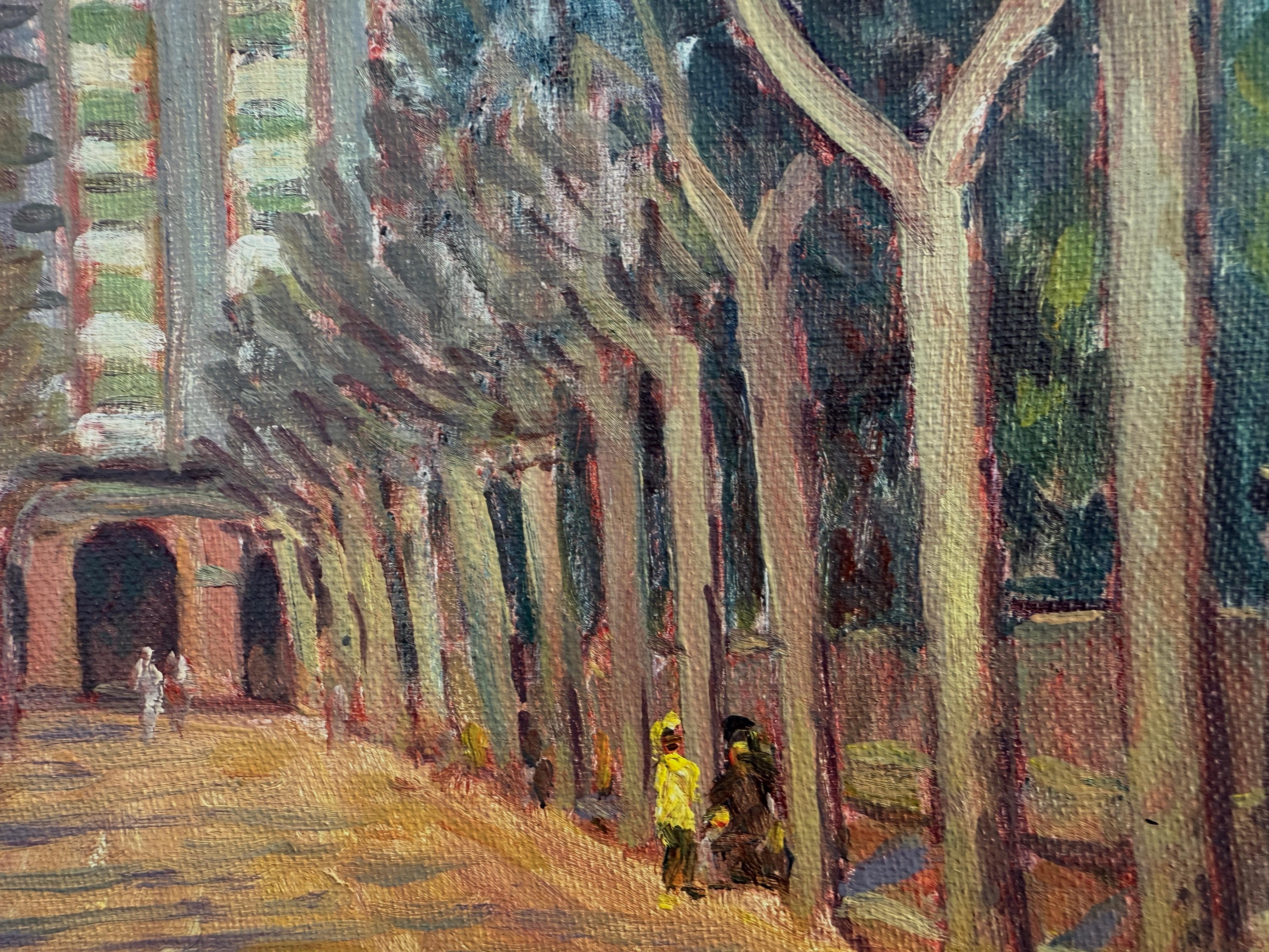 ChatGPT Plus
Title: Park in a Catalan City
Artist: Sebastià Congost Pla (1919–2009)
Technique: Oil on canvas-mounted hardboard
Dimensions: 24 x 33 cm
Framed dimensions: 34 x 43 cm
Signature: Signed in the lower right corner
Estimated period: