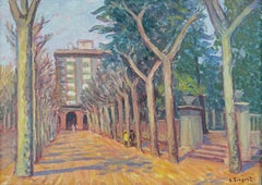 Parque en una ciudad catalana pintura al óleo paisaje urbano español