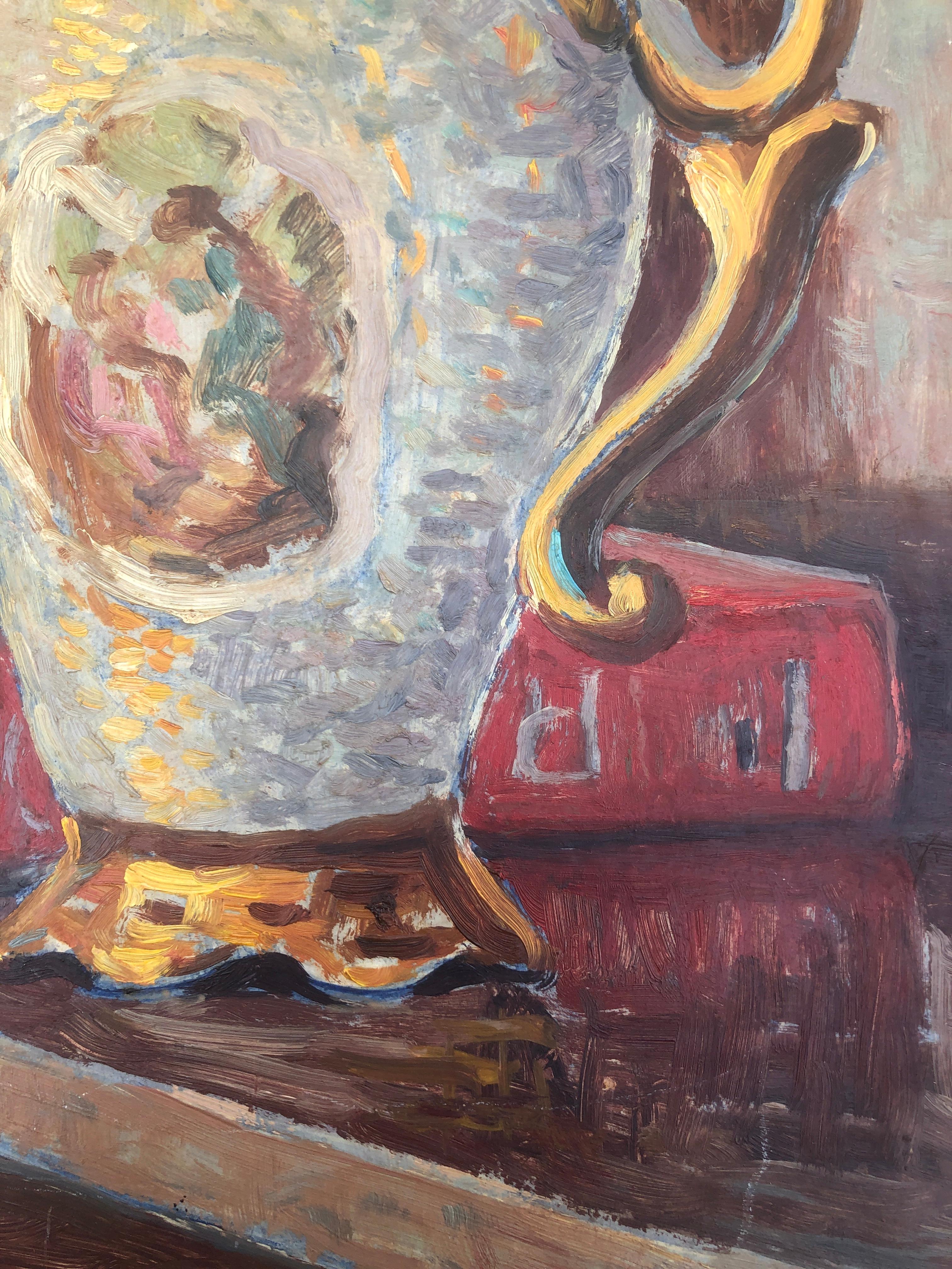 still life with teapot and book oil on board painting 1