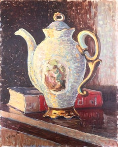 Vintage still life with teapot and book oil on board painting