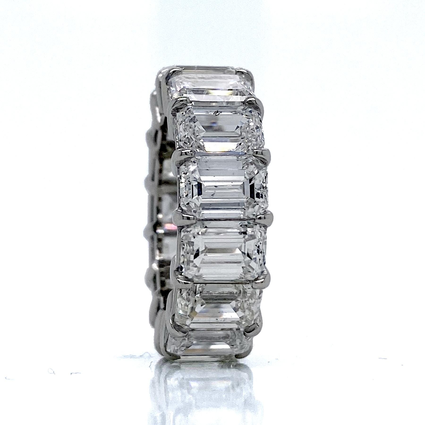 This beautiful Eternity Ring is made of platinum with 15 perfectly matched (SI1-SI2/D-F) 1.00+ Ct  Emerald cut Diamonds.
Total Weight of diamonds: 15.51 Ct 
Total Weight of the Ring: 9.20 Gr Platinum
Ring Size: 6.25