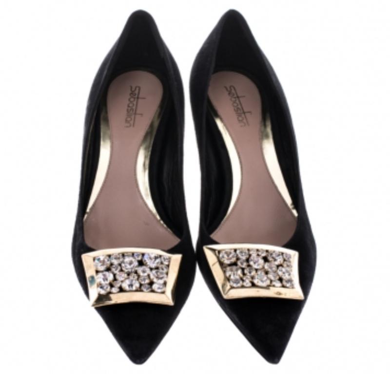 Sebastian Black Suede Crystal Embellished Pumps Size 38 en vente 1