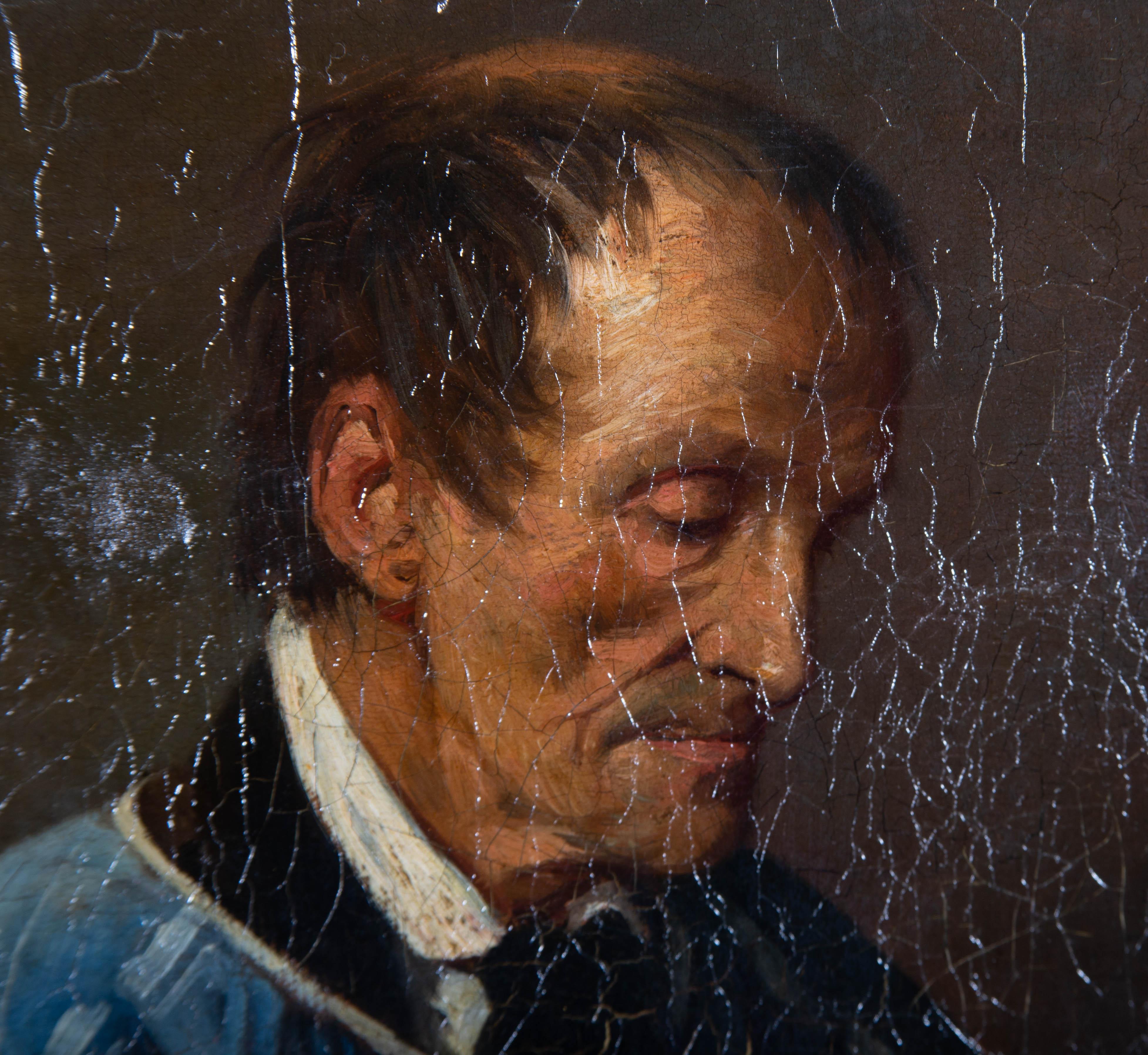 This fine 19th century oil depicts a man reading with his hands clasped together as if in prayer. The blue robes suggest a connection to the church choir. The man is captured in excellent detail, particularly in his delicate facial features. Signed