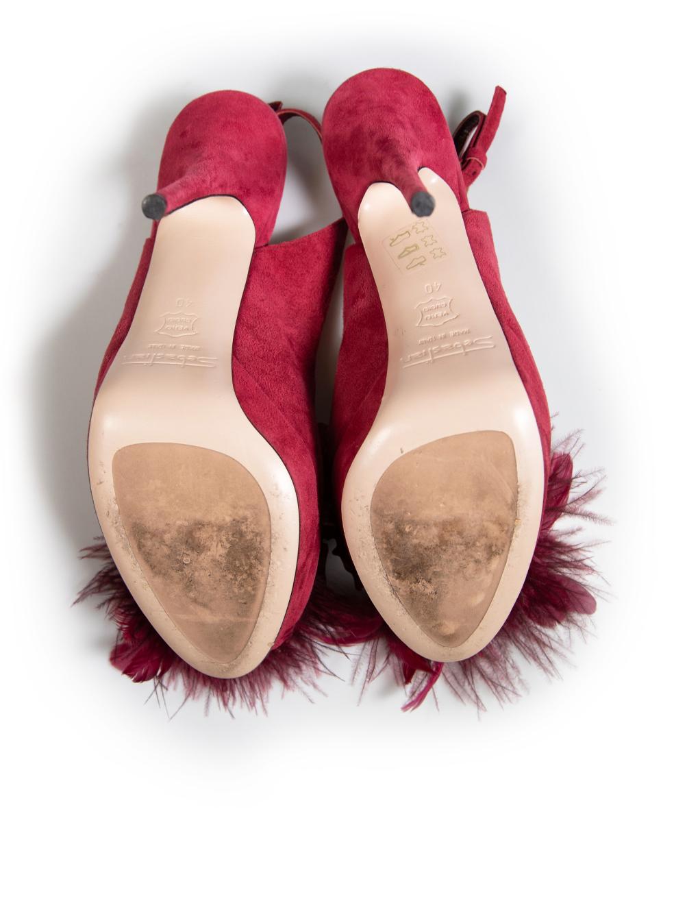 Sebastian Burgundy Suede Feather Trim Heels Size IT 40 In Good Condition For Sale In London, GB