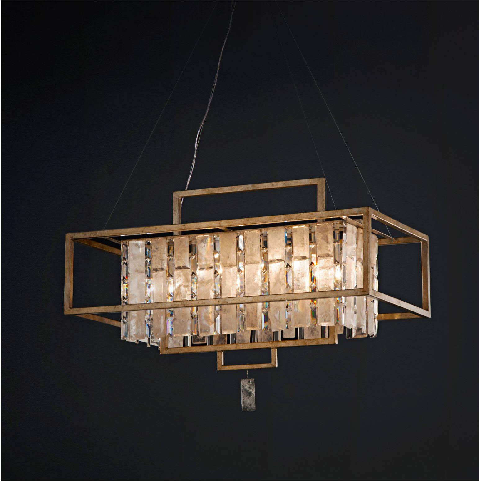Lampada lampadario in quarzo di Aver 
Dimensioni: P 50 x L 100 x H 65 cm 
Materiali: Alluminio, placcato con foglia d'oro. Quarzo fumé naturale. 
Illuminazione: 10 x E14
Finitura: impiallacciatura d'argento, impiallacciatura d'argento invecchiata,