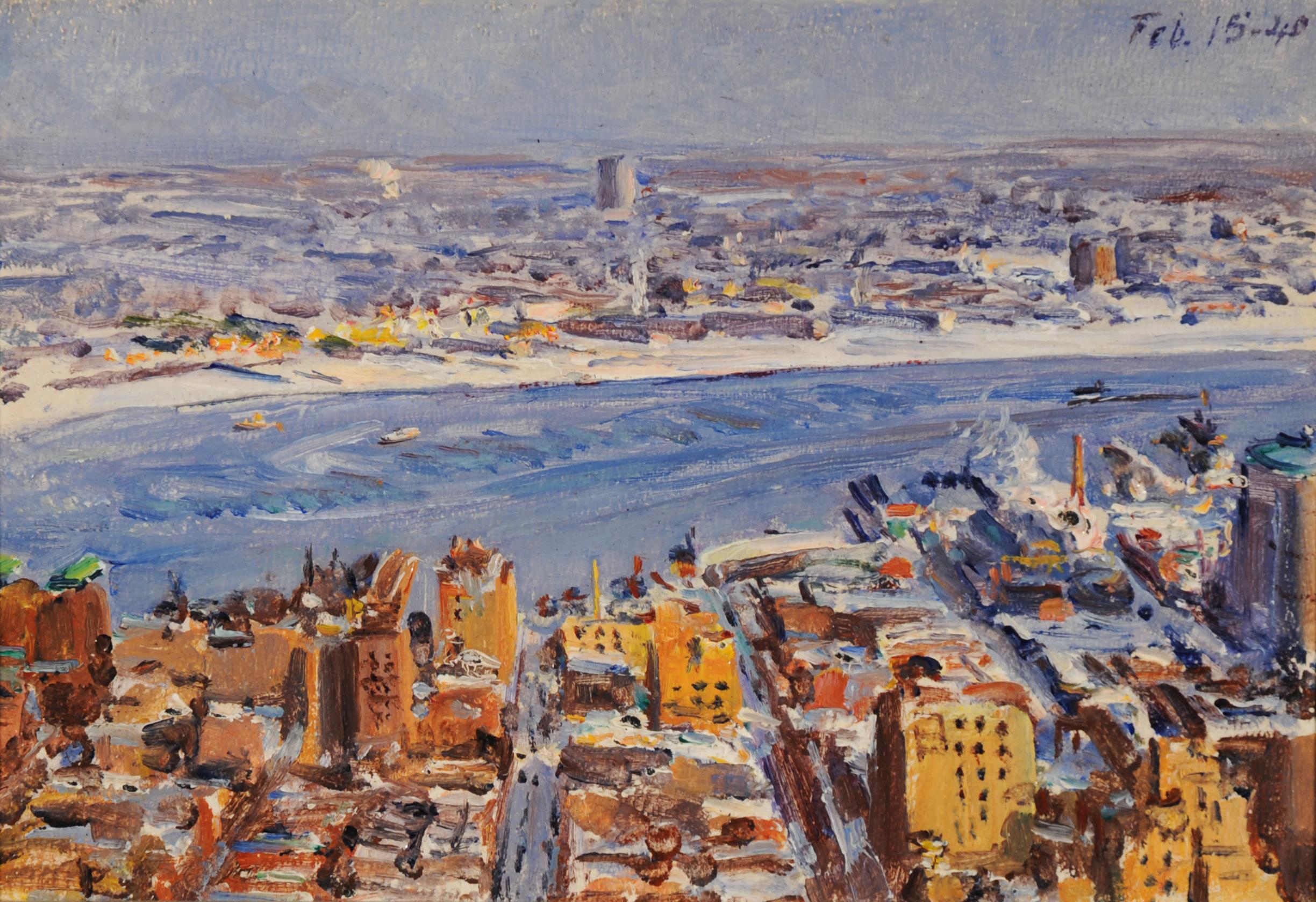 Blick auf den East River im Winter, Ölgemälde von New York C. aus dem frühen 20.