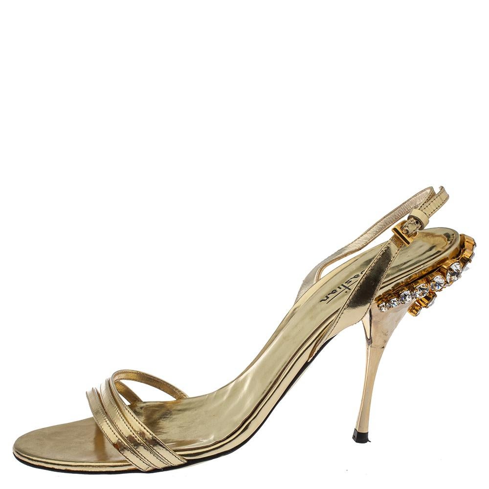 Women's Sebastian Gold Leather Crystal Embellished Heel Slingback Sandals Size 38