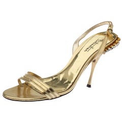 Sebastian Gold Leather Crystal Embellished Heel Slingback Sandals Size 38