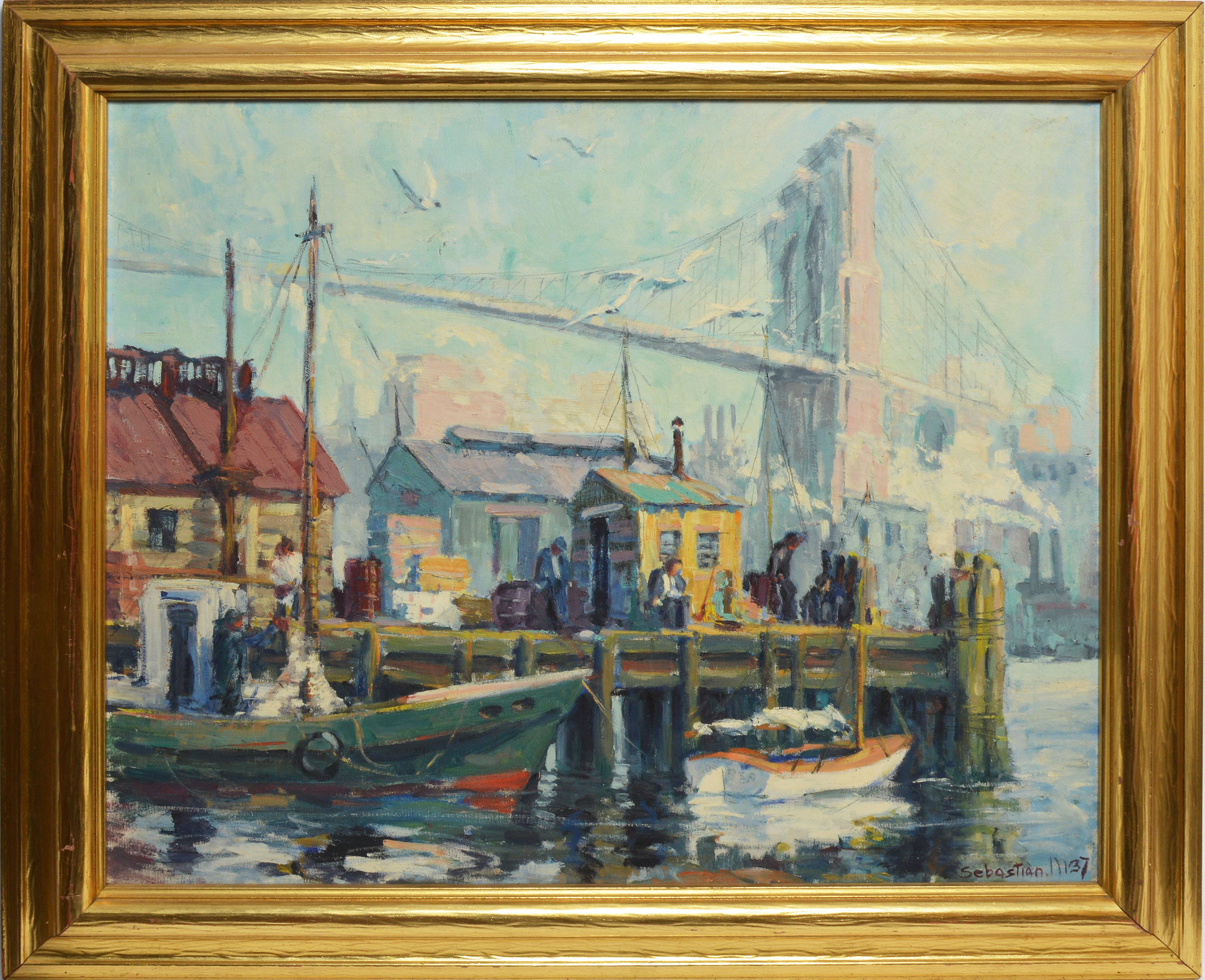 Sebastian Mineo Landscape Painting - Antique Ashcan School New York City, View of the Brooklyn Bridge Oil Painting
