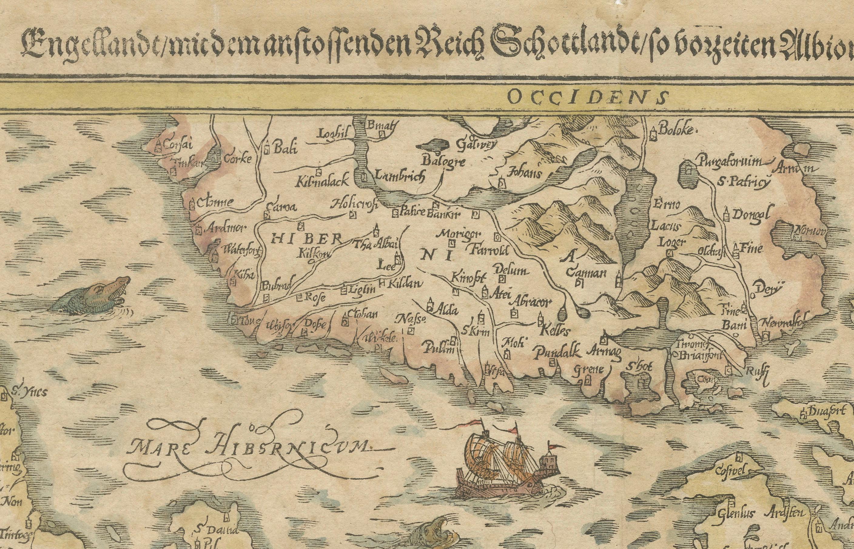 Carte des îles britanniques du XVIe siècle de Sebastian Münster, vers 1590 Bon état - En vente à Langweer, NL