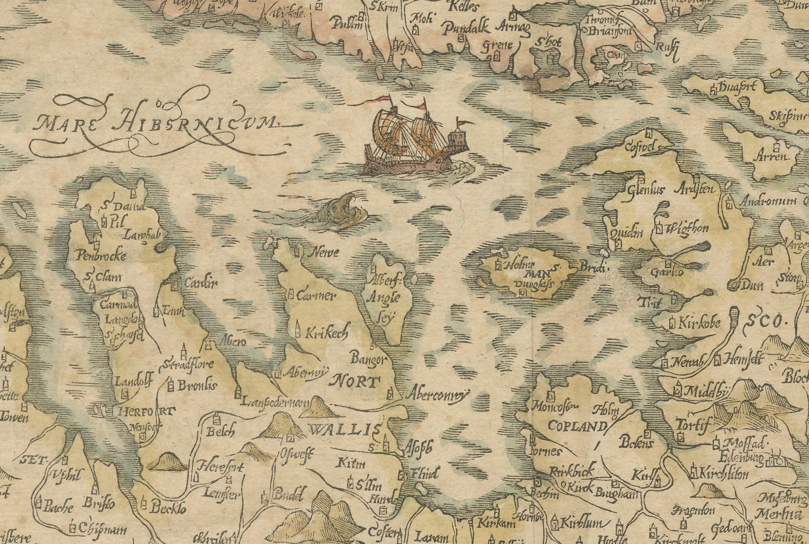 Papier Carte des îles britanniques du XVIe siècle de Sebastian Münster, vers 1590 en vente