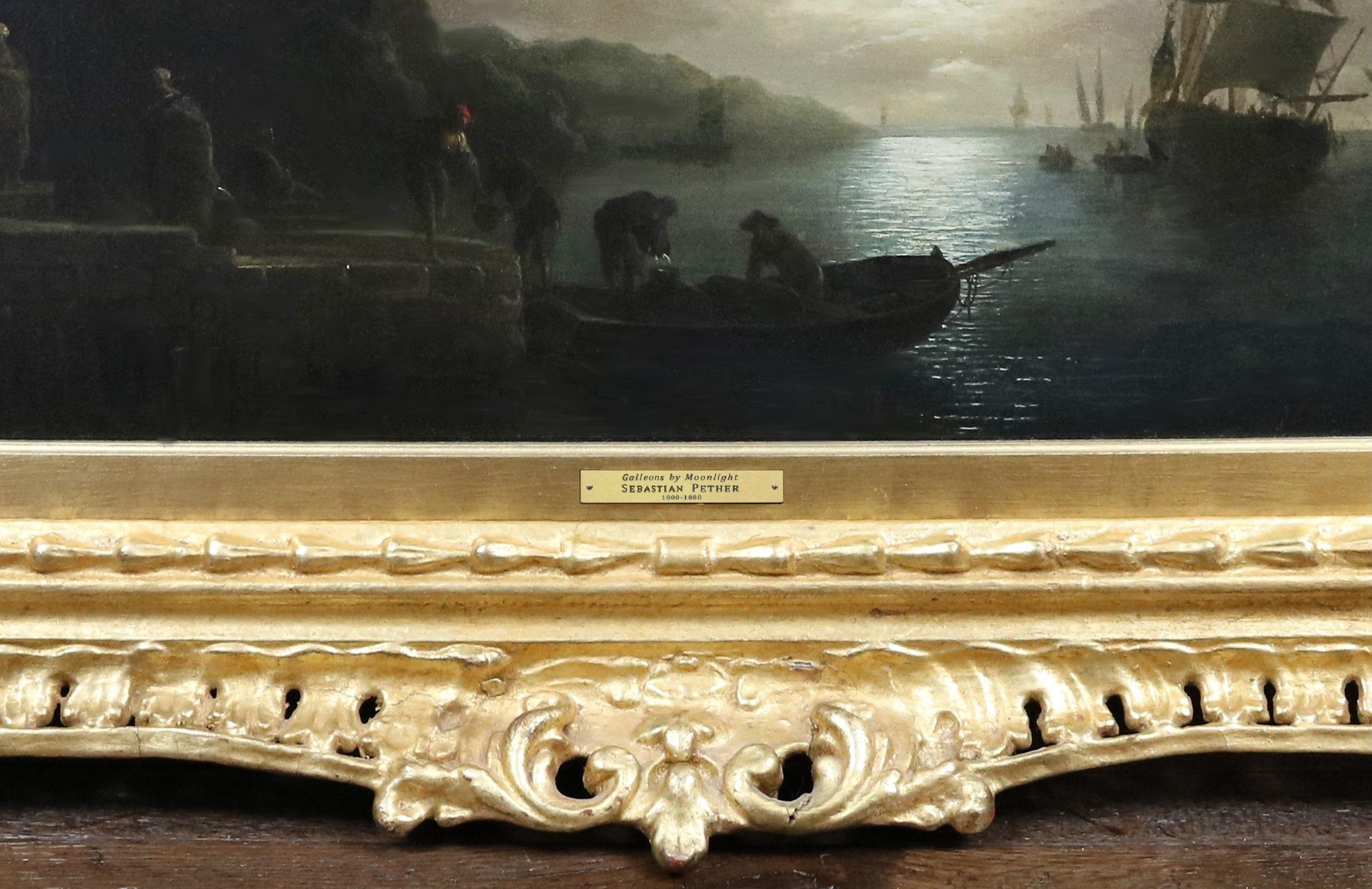 Galleons by Moonlight - 19th Century English Oil Painting Seascape at Full Moon 7